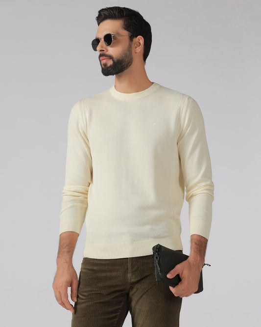 Off White Crew Neck Solid Sweater - George
