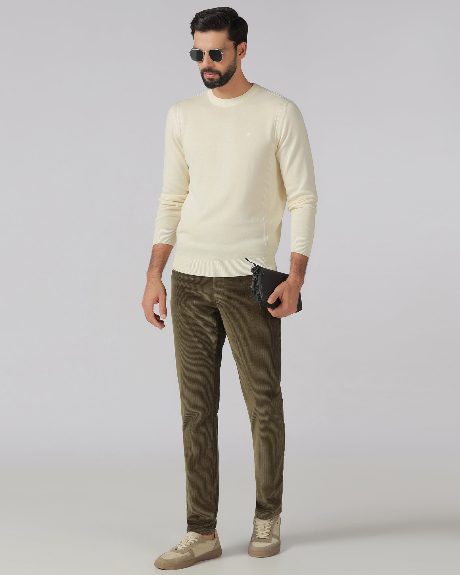 Off White Crew Neck Solid Sweater - George