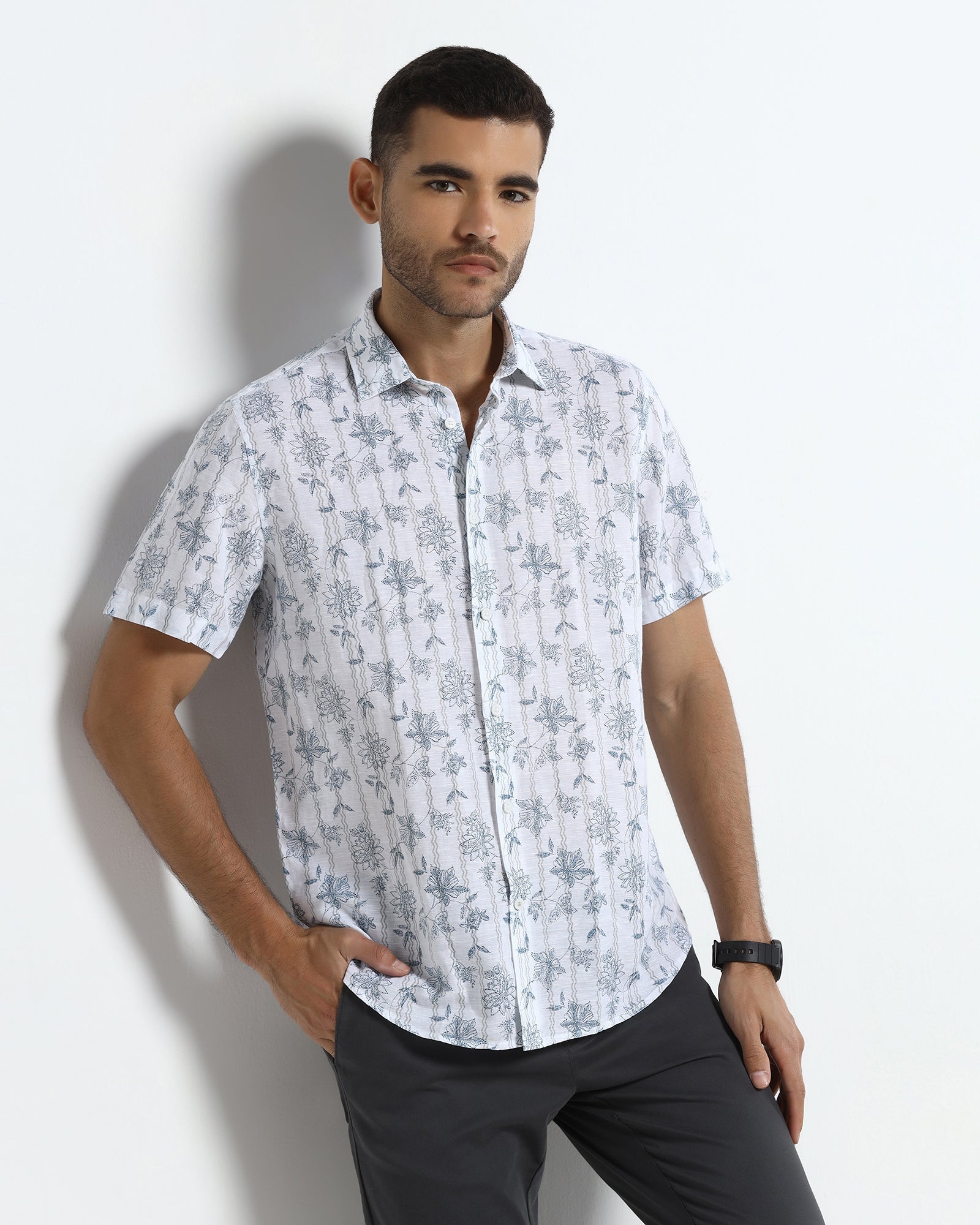 Off White Half Sleeve Linen Printed Shirt - Alvino