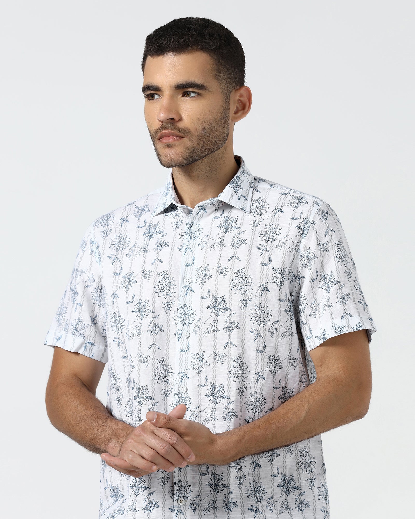 Off White Half Sleeve Linen Printed Shirt - Alvino