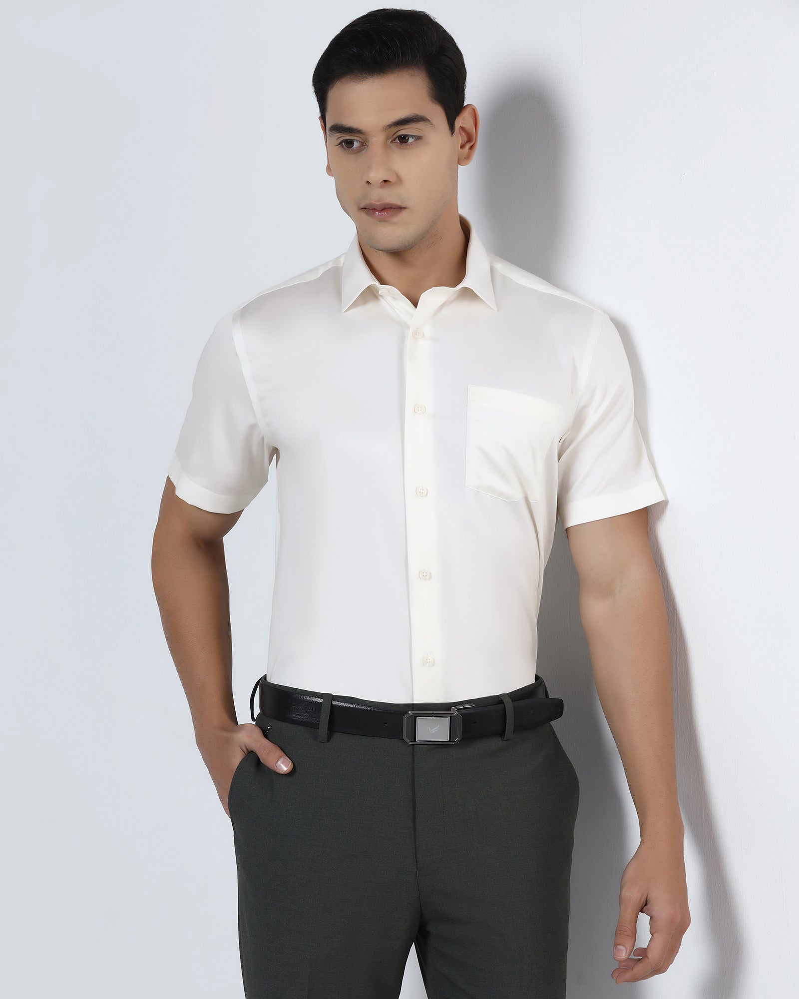 Off White Half Sleeve Non Iron Solid Shirt - Sylvia