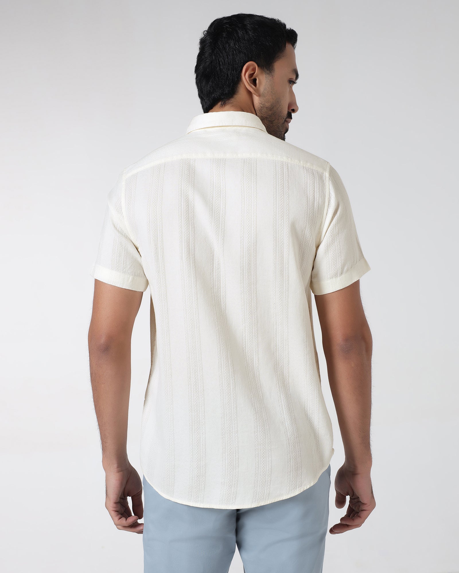 Off White Half Sleeve Textured Shirt - Lambo