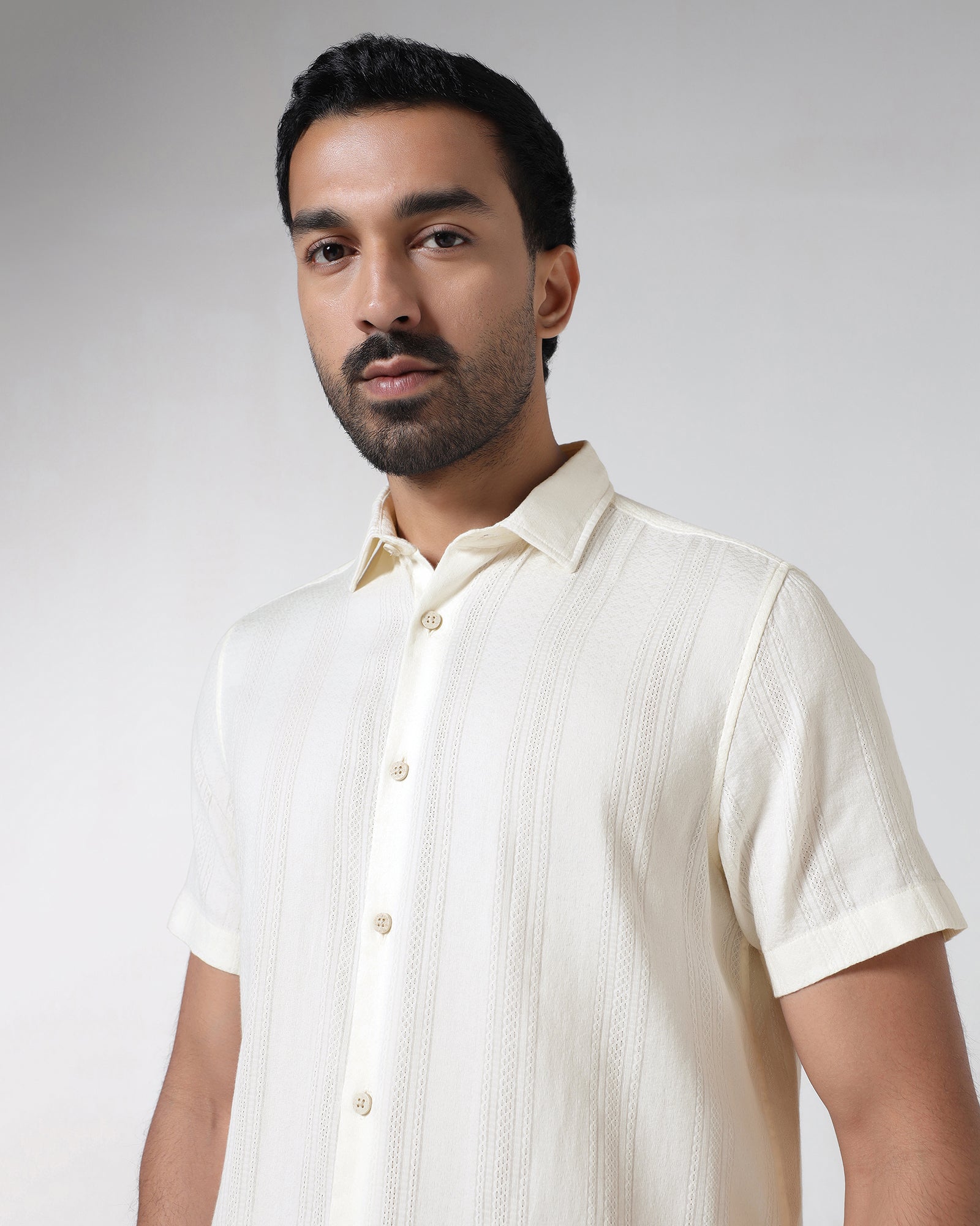 Off White Half Sleeve Textured Shirt - Lambo