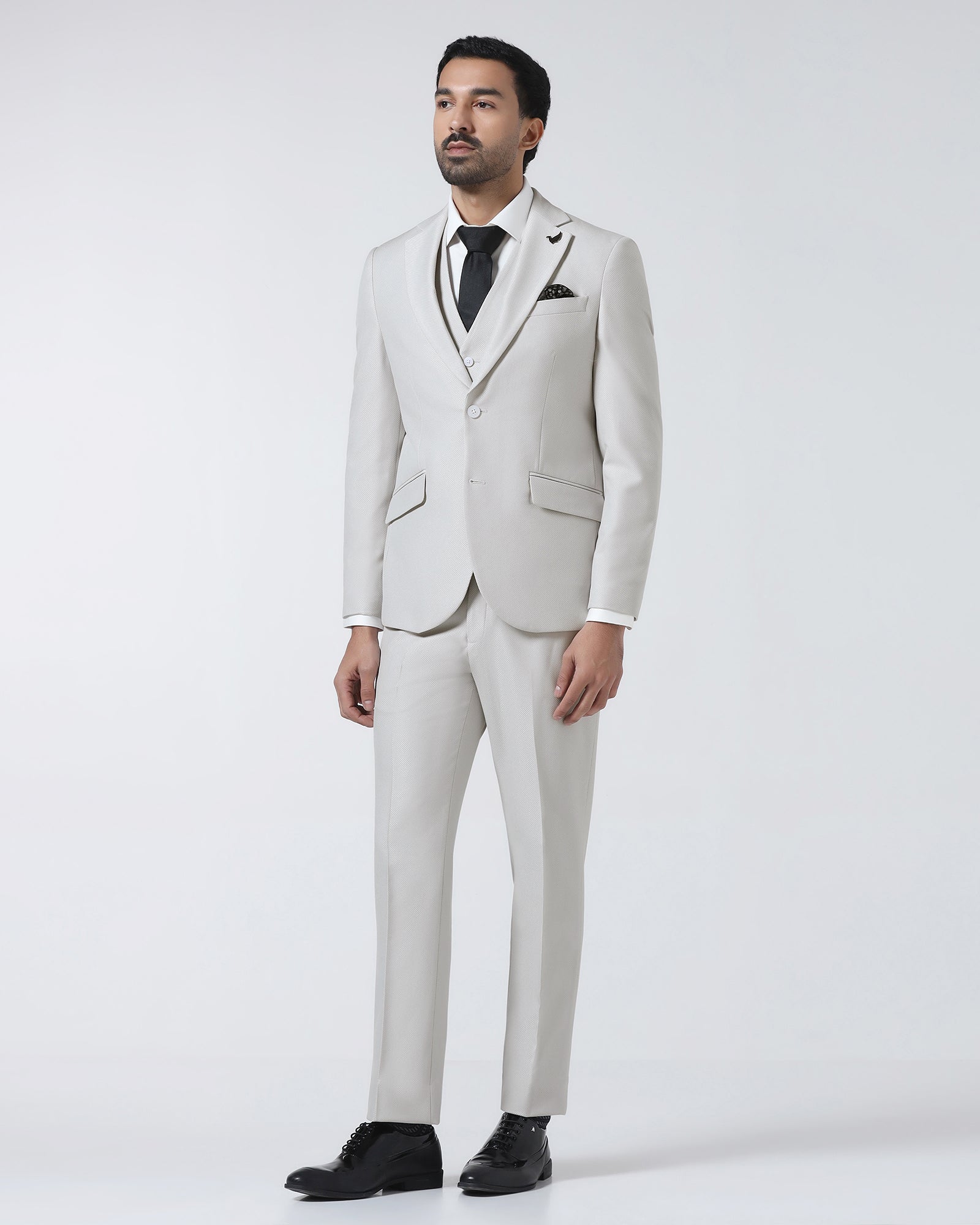 Off White Three Piece Textured Suit - Zeny