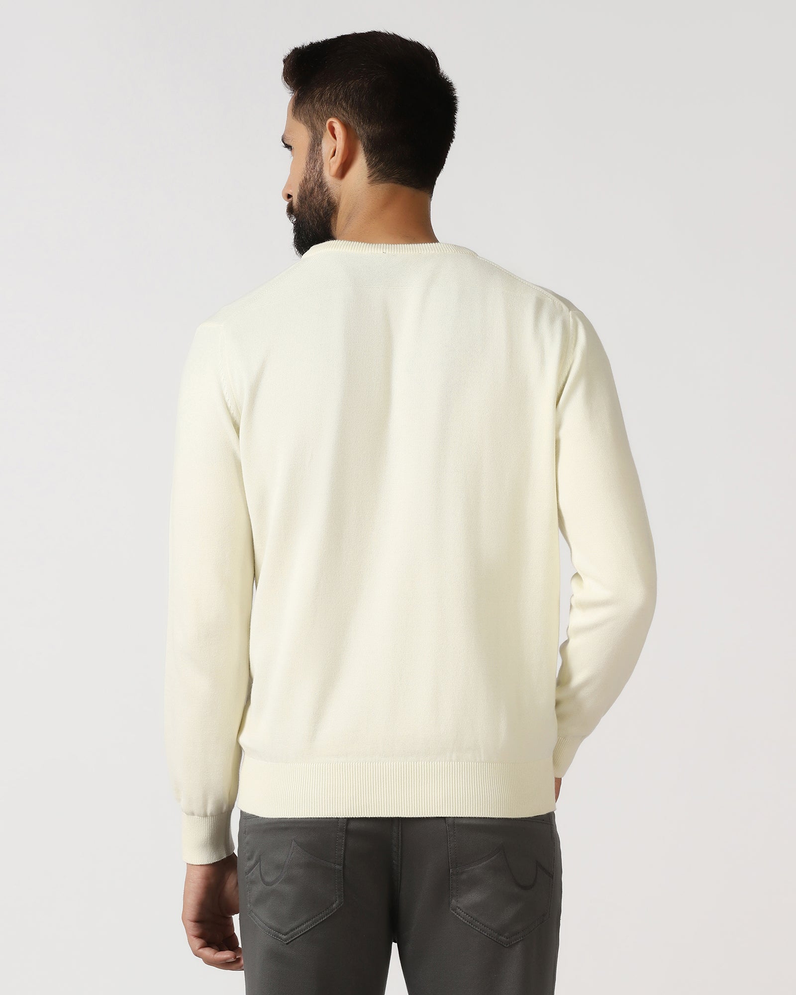Off White V-Neck Solid Sweatshirt - Vneckter