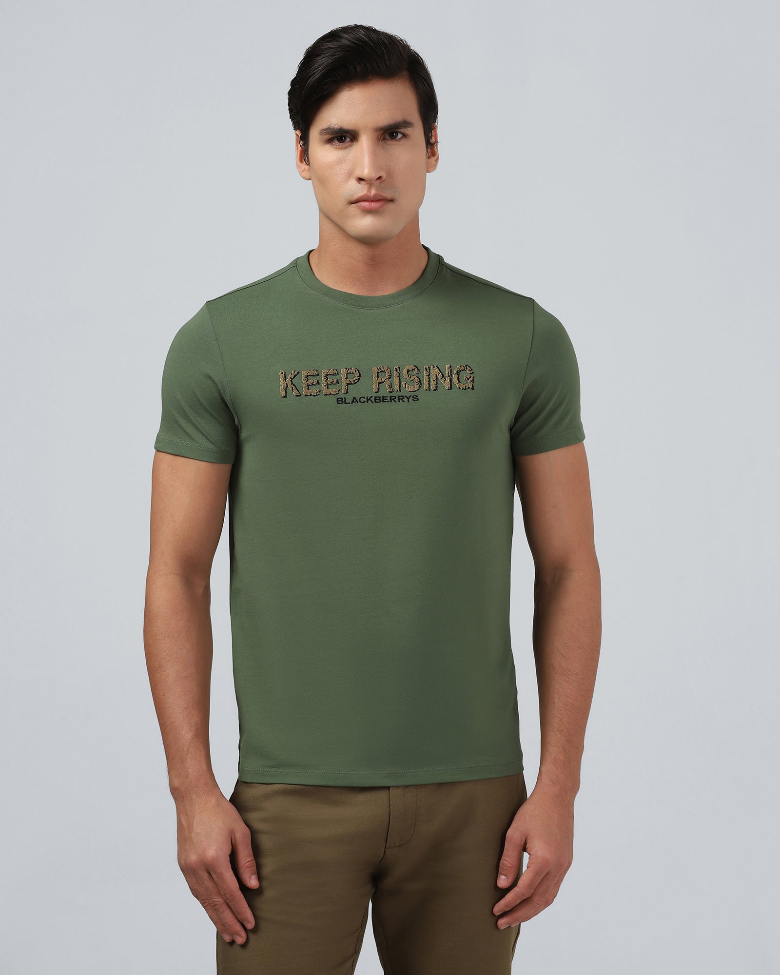 Olive Gree Crew Neck Solid T-Shirt - Rising