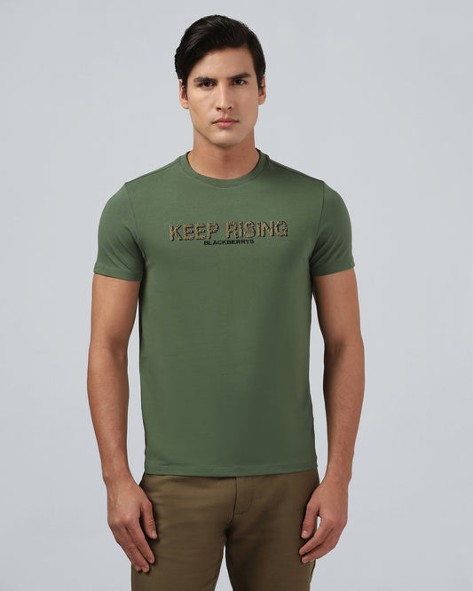 Olive Green Crew Neck Solid T-Shirt - Rising