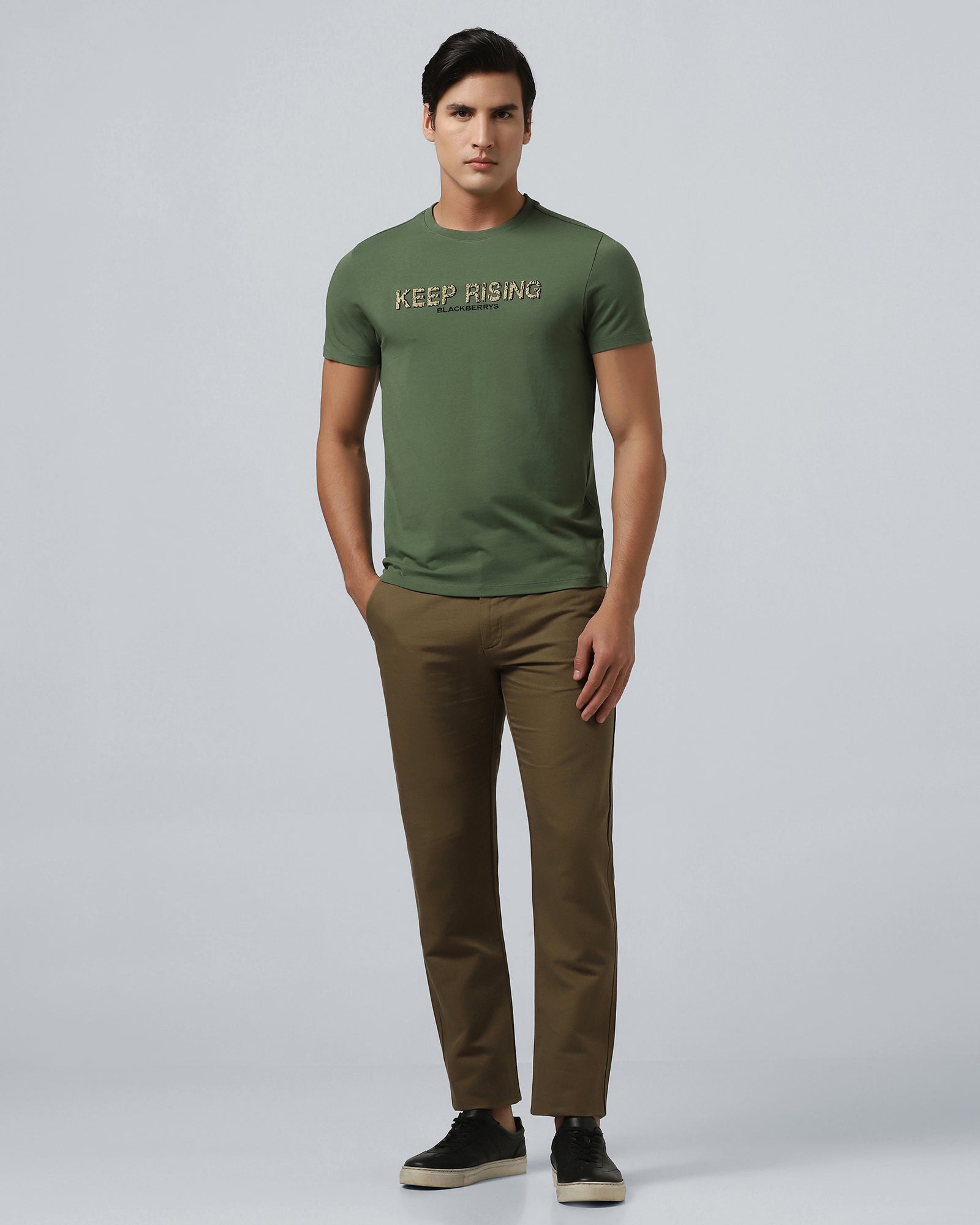 Olive Green Crew Neck Solid T-Shirt - Rising