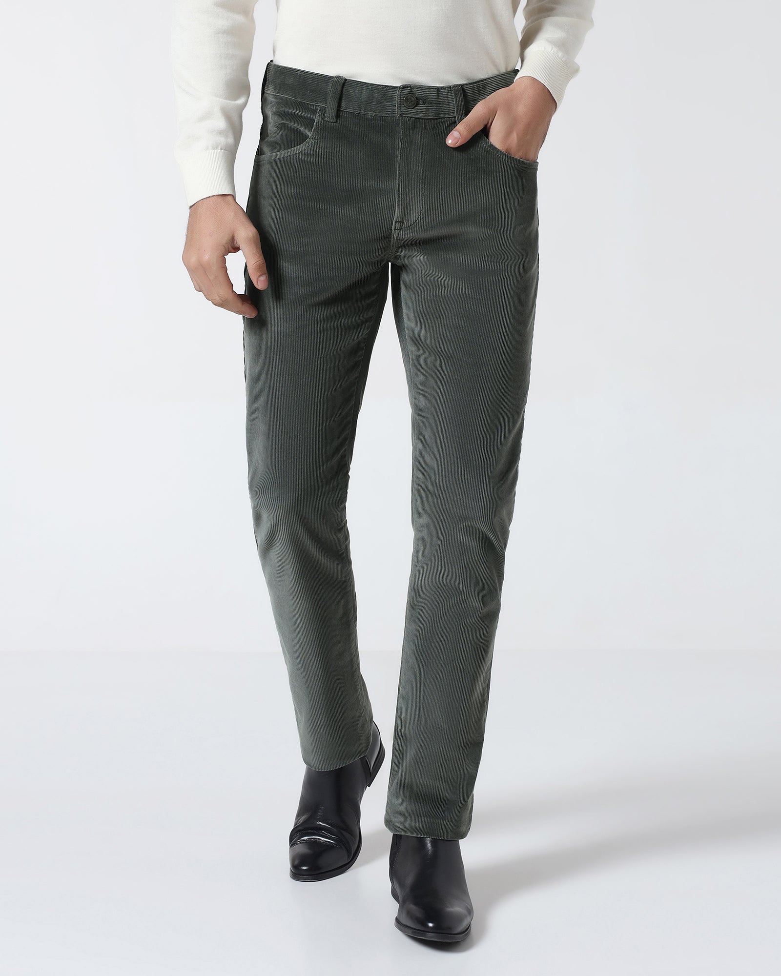 Olive Corduroy Solid Khakis - Magne
