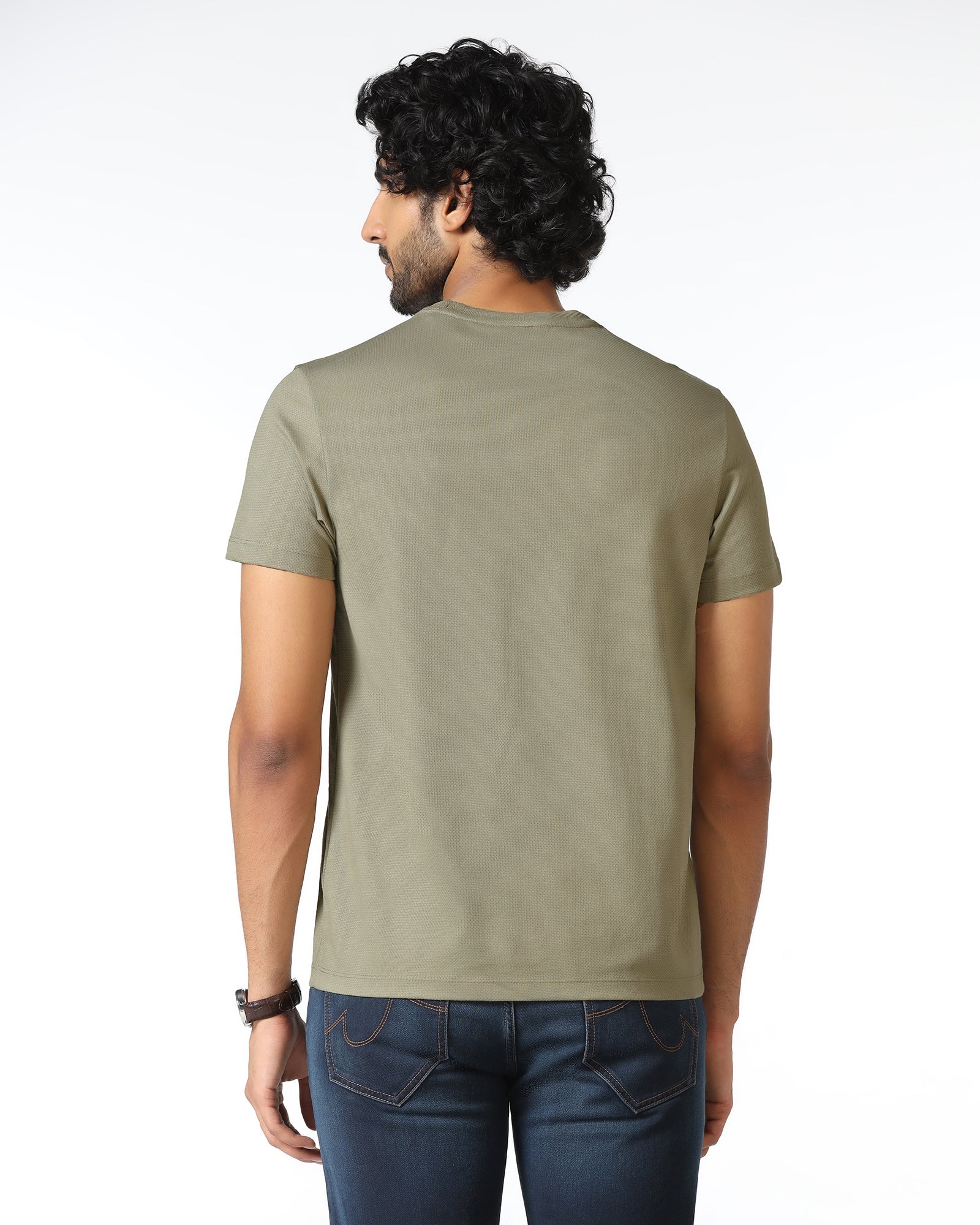 Olive Crew Neck Textured T-Shirt - Hexa