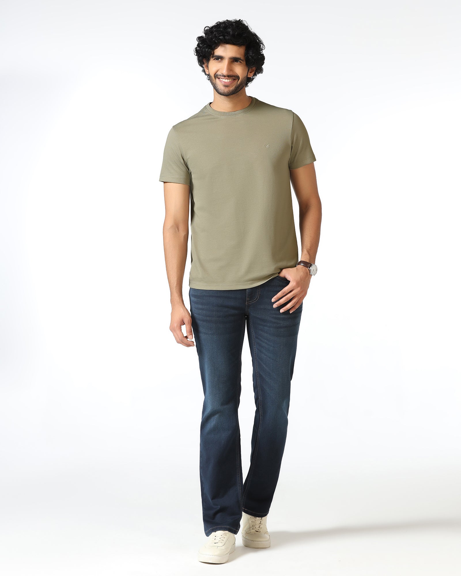 Olive Crew Neck Textured T-Shirt - Hexa