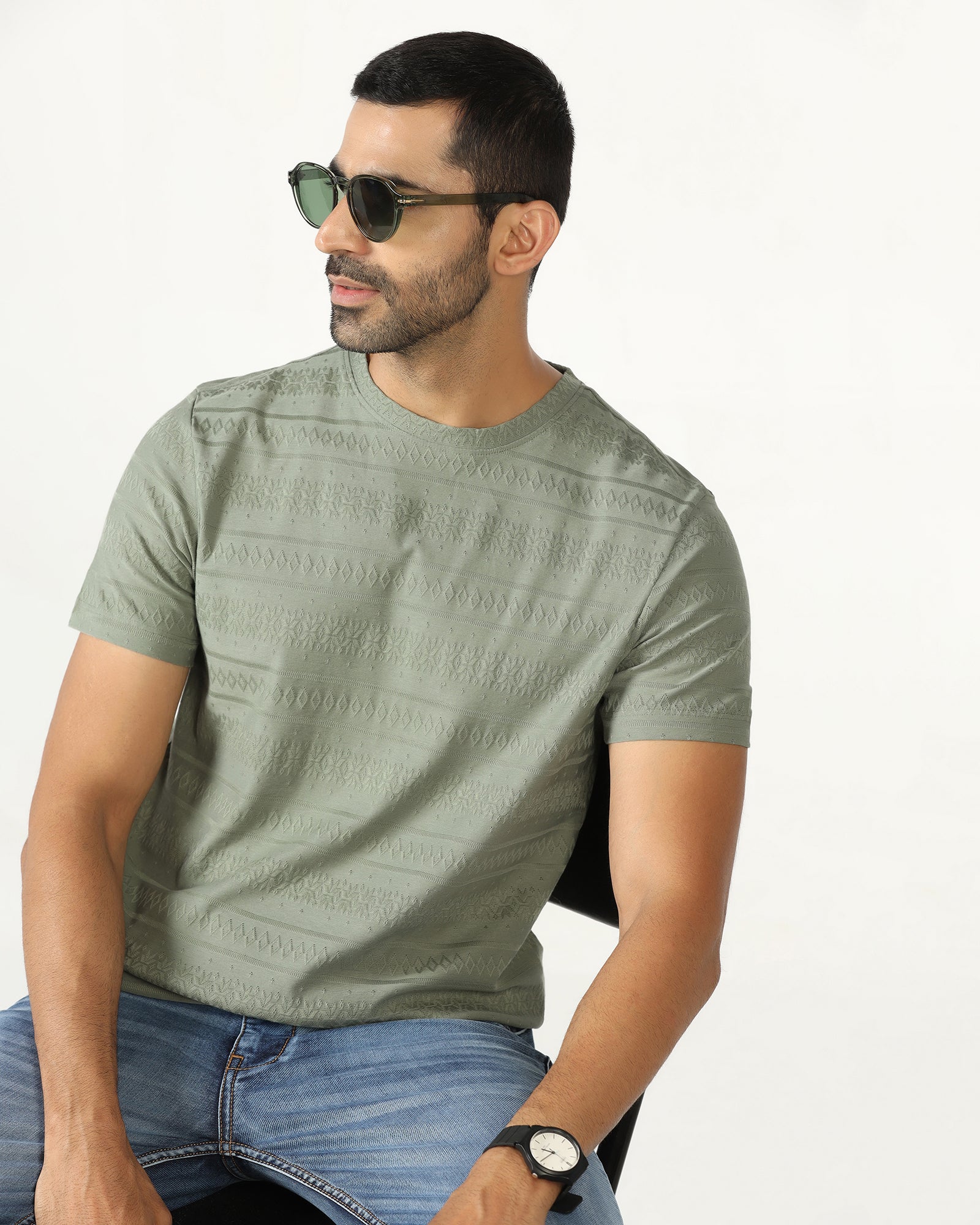Olive Crew Neck Textured T-Shirt - Lep