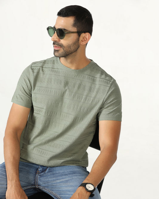 Olive Crew Neck Textured T-Shirt - Lep