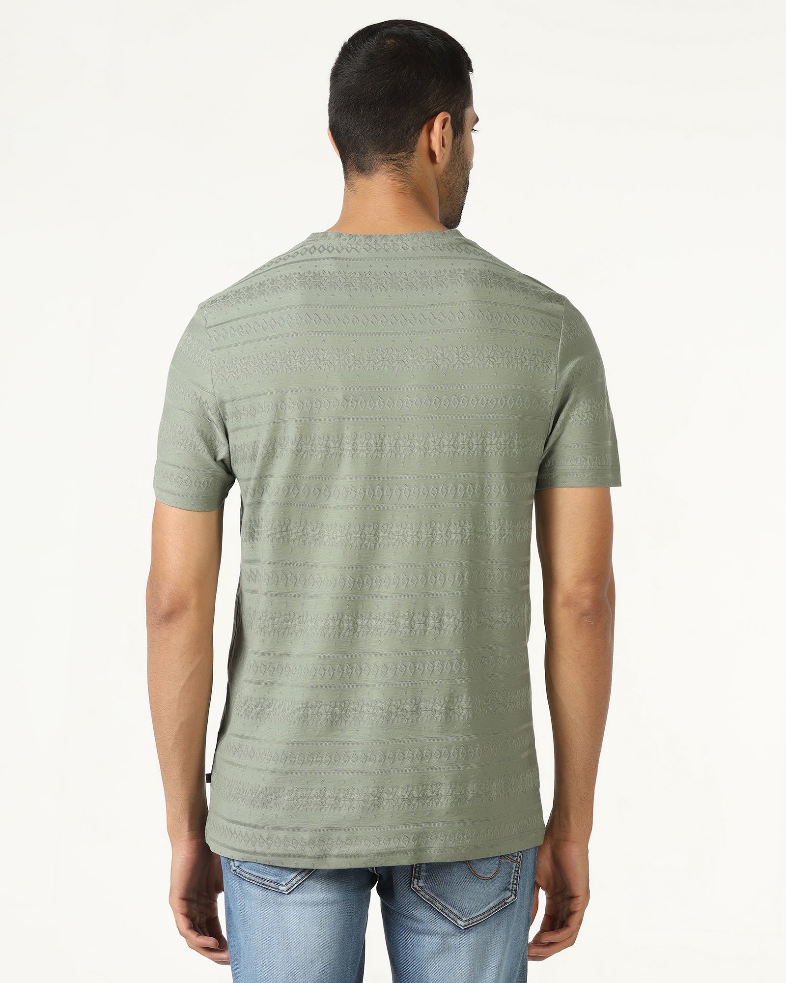 Olive Crew Neck Textured T-Shirt - Lep