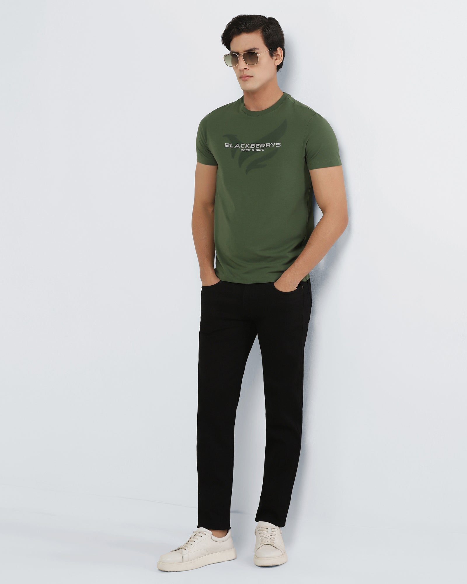 Olive Green Crew Neck Printed T-Shirt - Posi