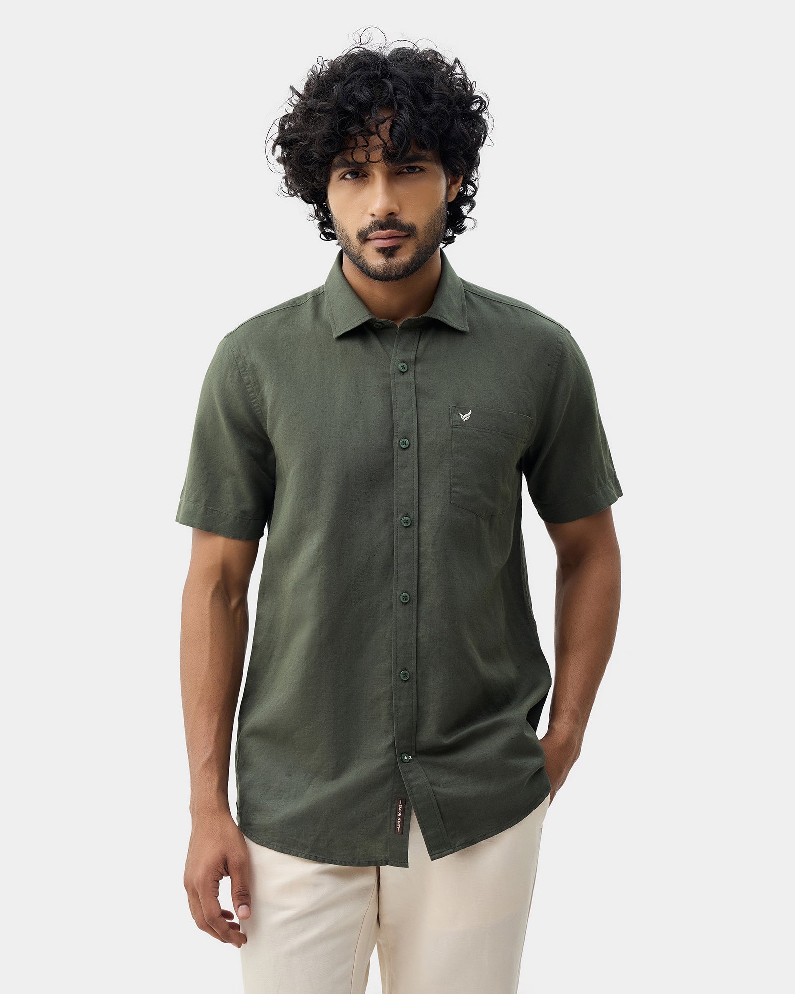 Olive Half Sleeve Linen Solid Shirt - Cleo