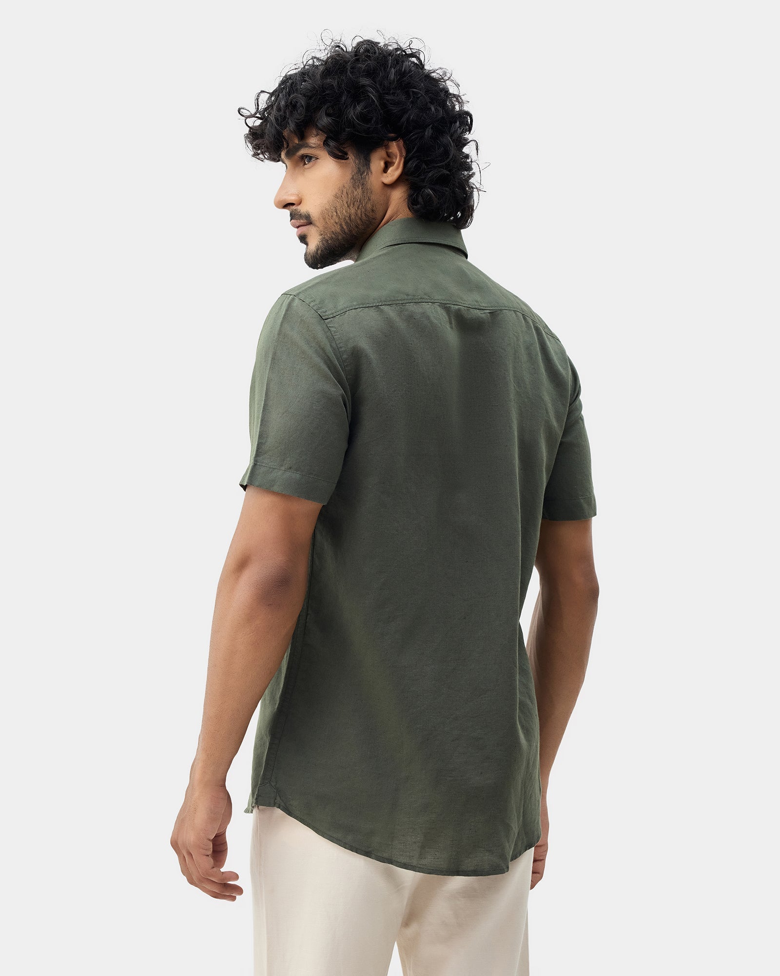 Olive Half Sleeve Linen Solid Shirt - Cleo