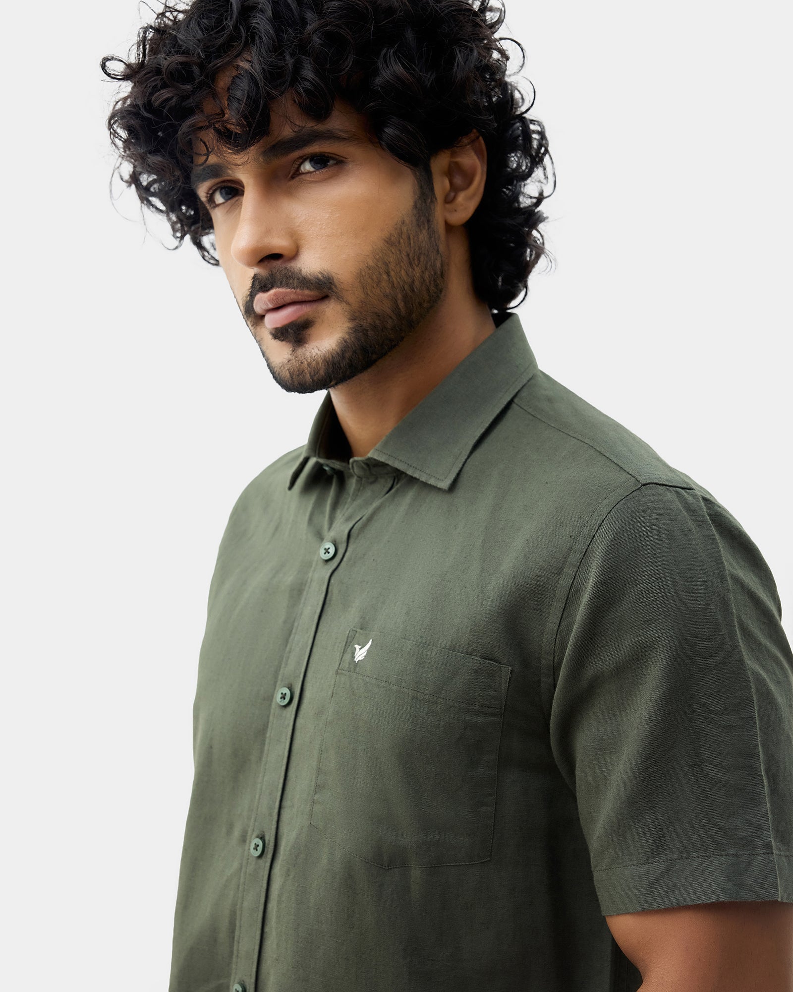 Olive Half Sleeve Linen Solid Shirt - Cleo
