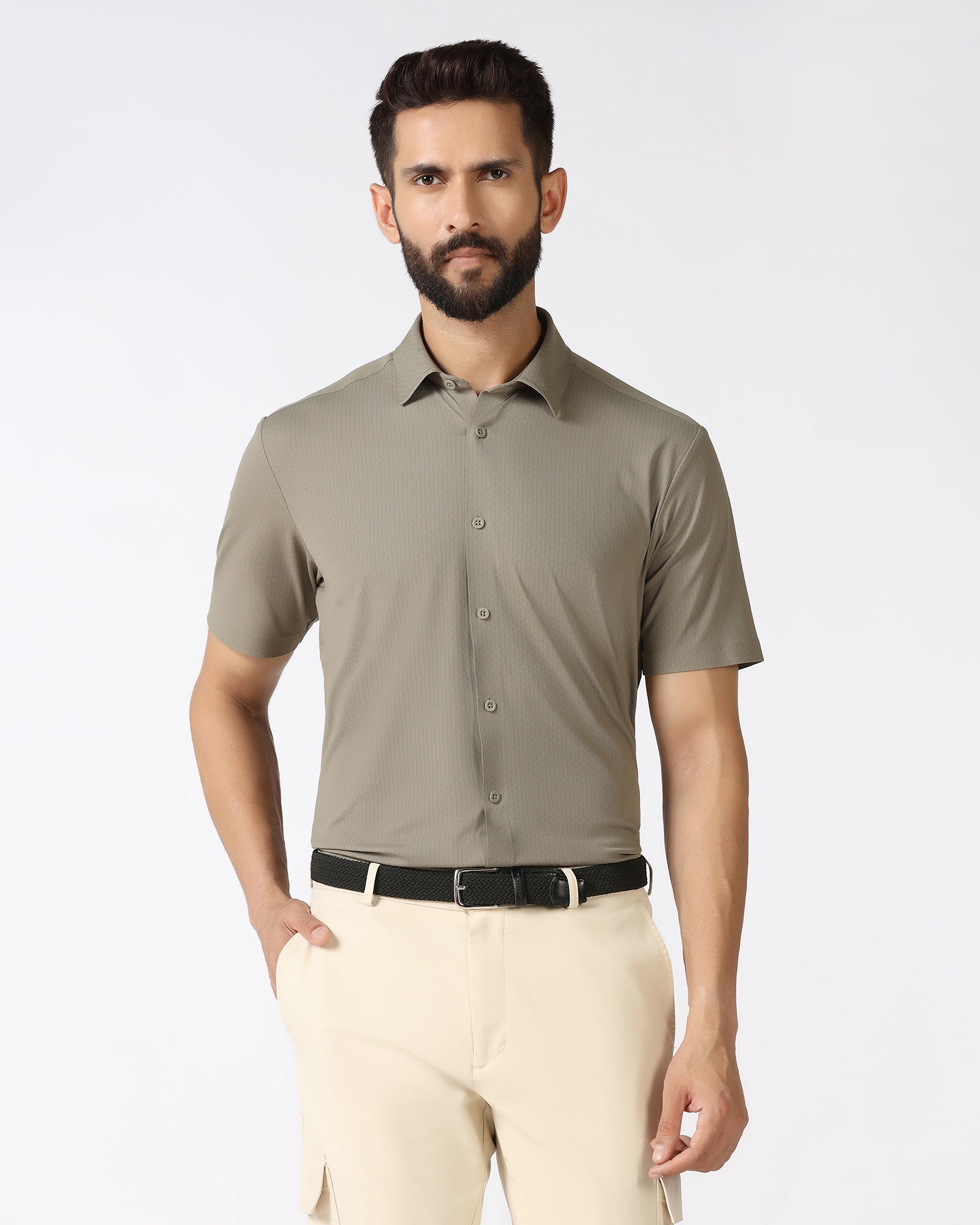 Olive Half Sleeve Techpro Textured Shirt - Hurton