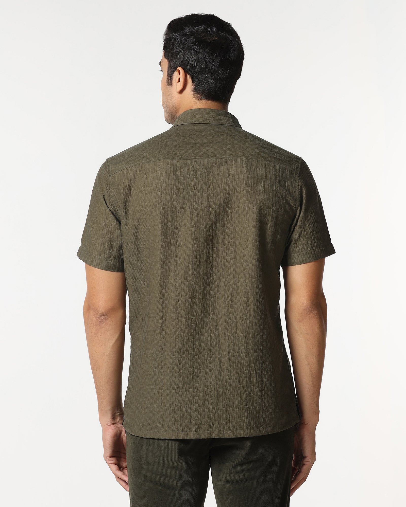 Olive Half Sleeve Textured Shirt - Cremon