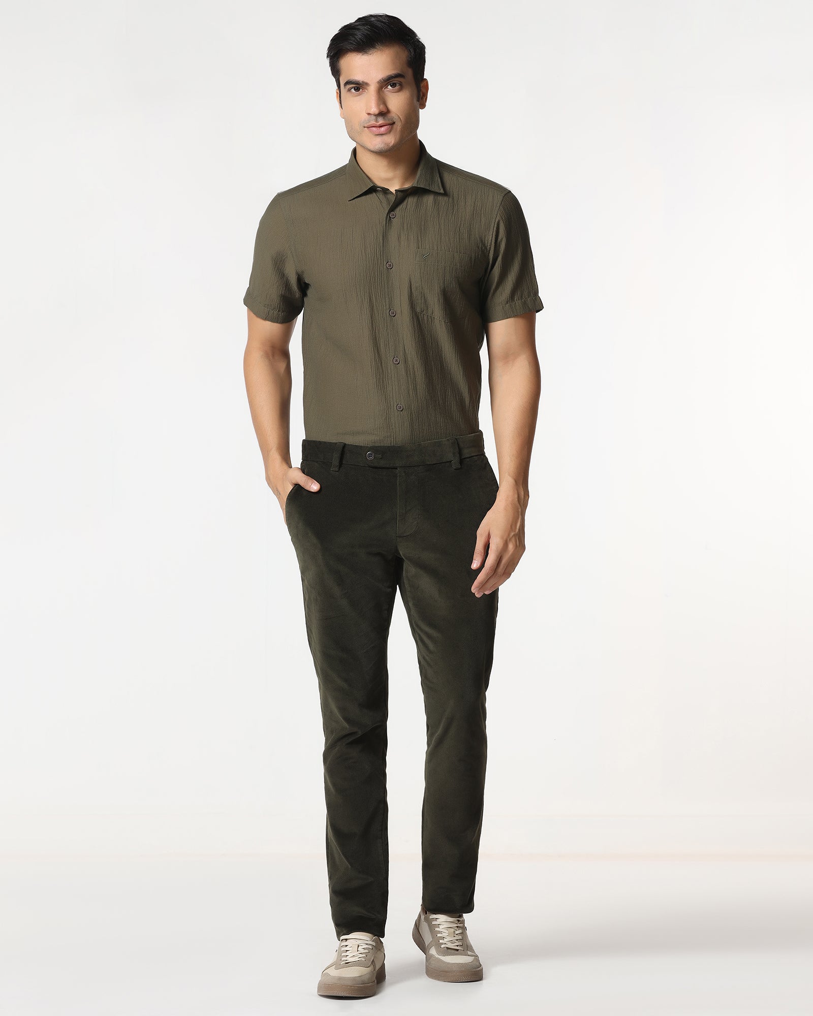 Olive Half Sleeve Textured Shirt - Cremon