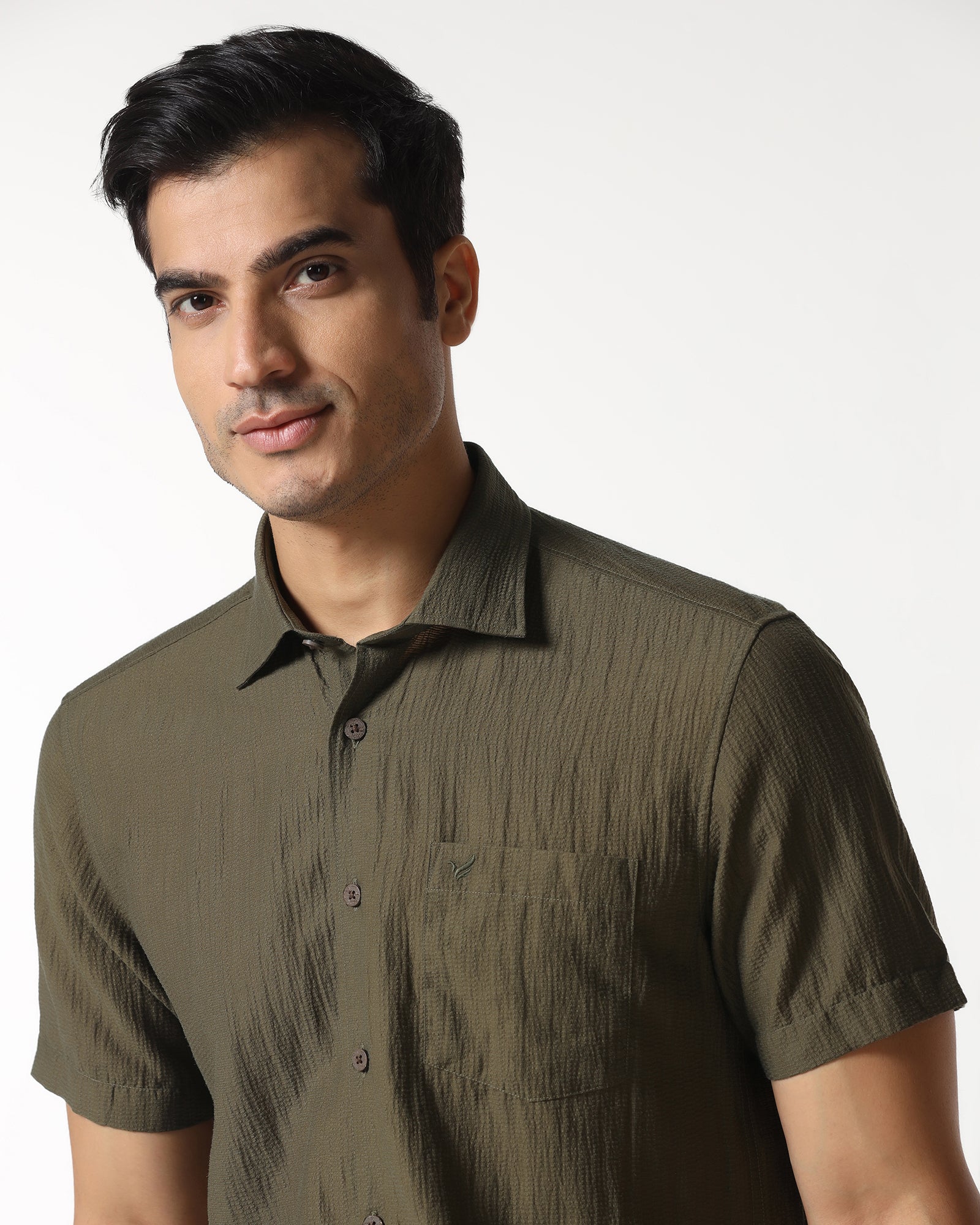 Olive Half Sleeve Textured Shirt - Cremon