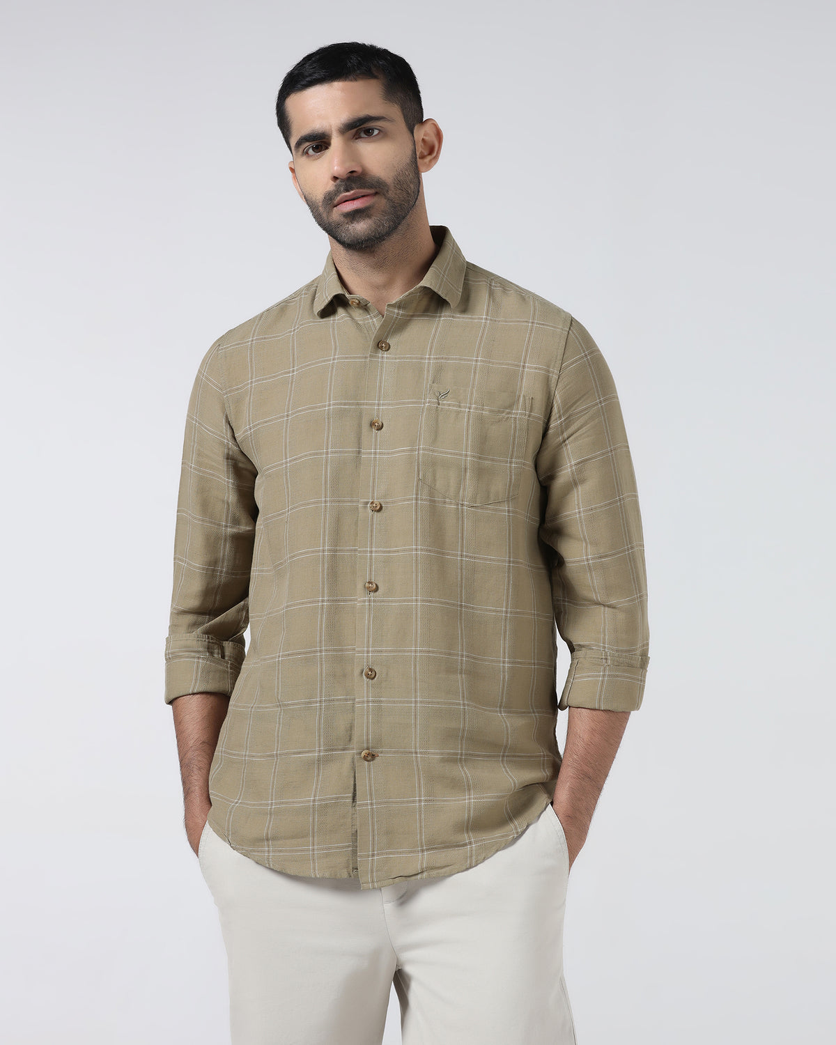 Buy Olive Linen Check Shirt - Moben Online