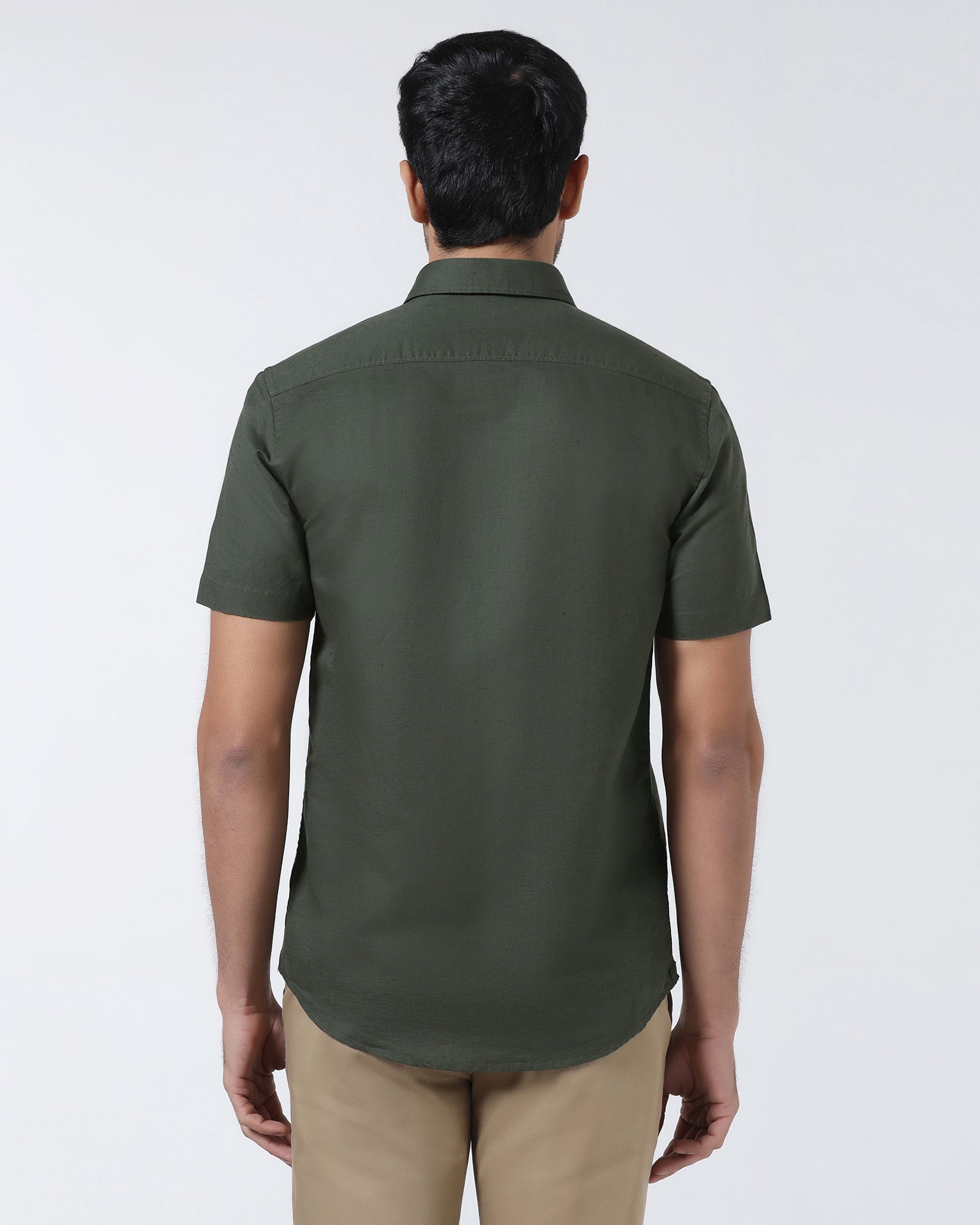 Olive Half Sleeve Linen Solid Shirt - Cleo