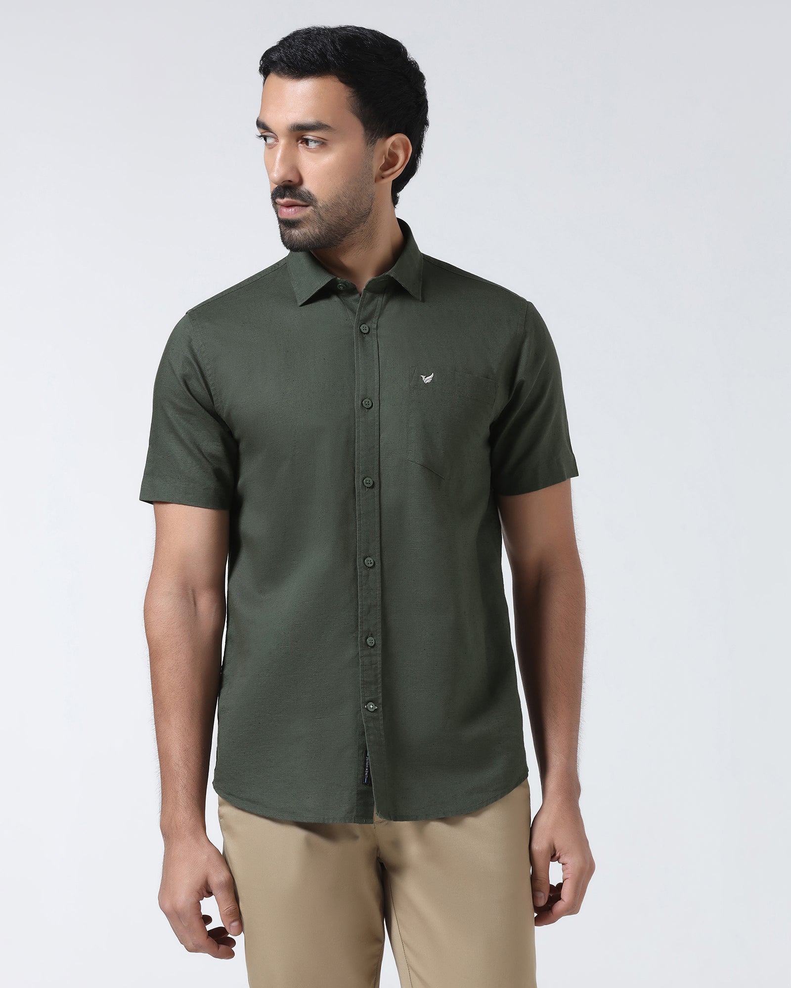 Olive Half Sleeve Linen Solid Shirt - Cleo