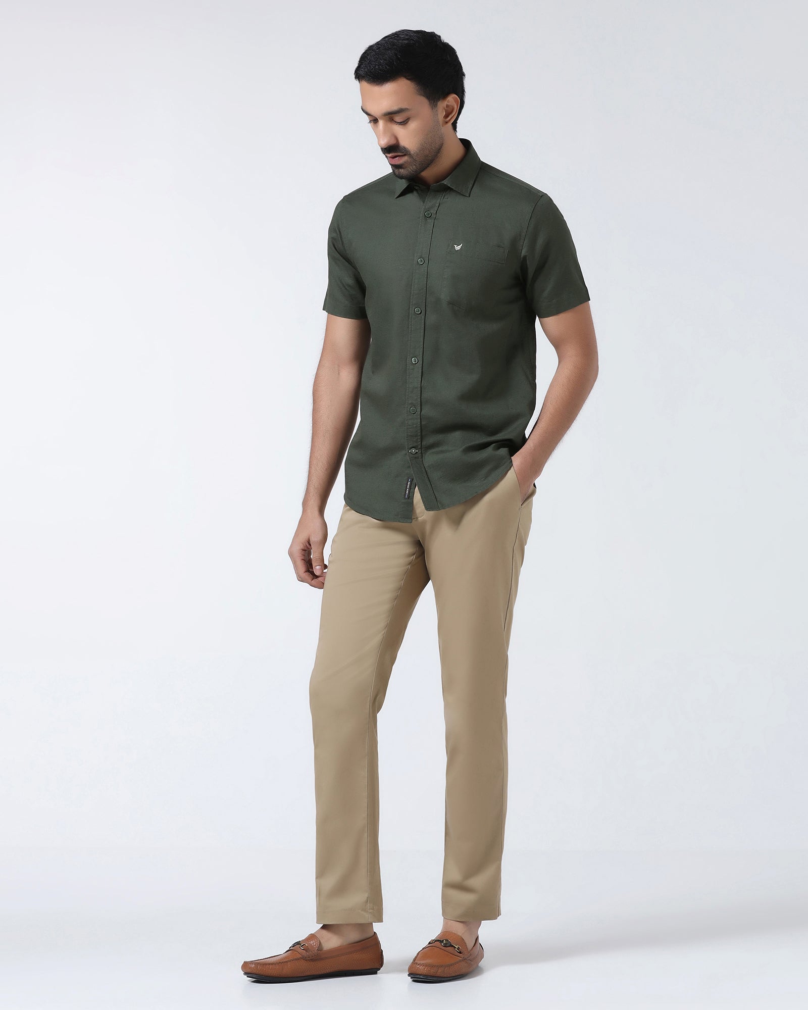 Olive Half Sleeve Linen Solid Shirt - Cleo