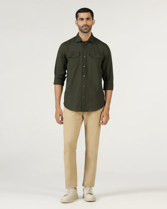 Olive Linen Solid Shirt - Konrad