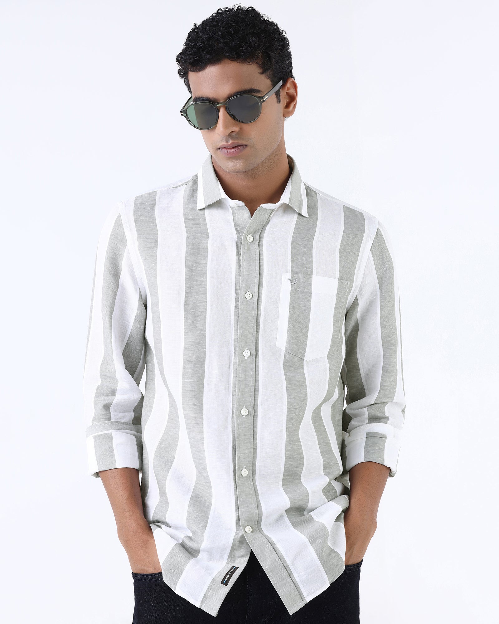 Olive Linen Stripe Shirt - Hanber