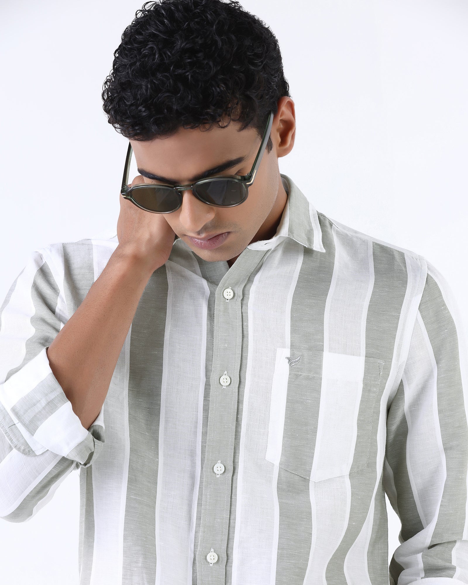 Olive Linen Stripe Shirt - Hanber