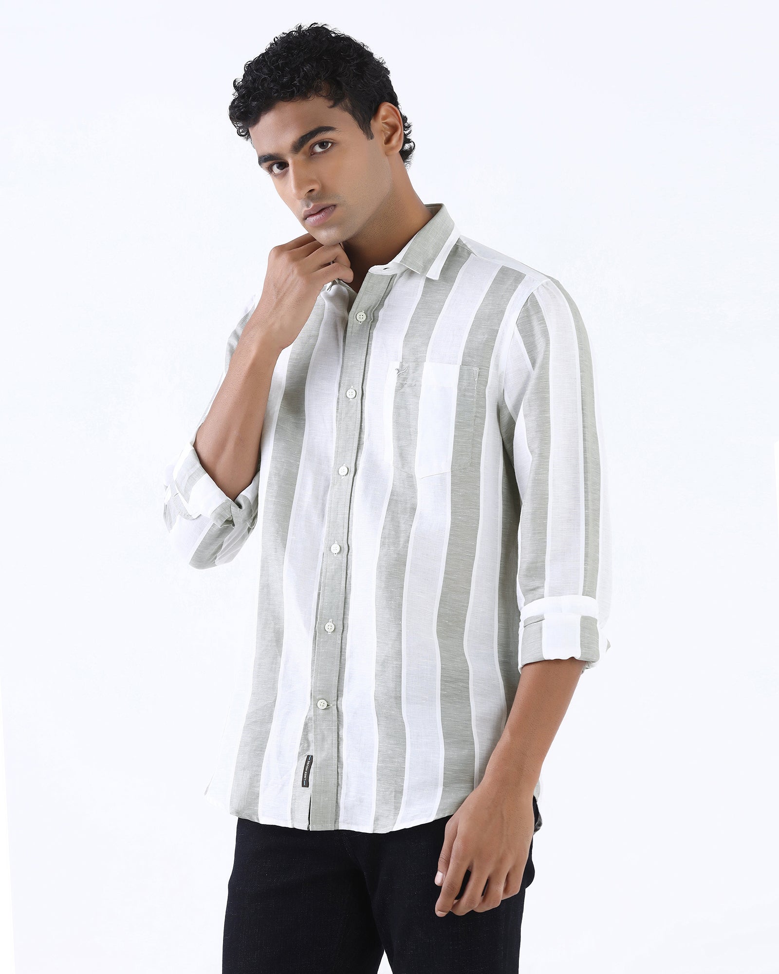 Olive Linen Stripe Shirt - Hanber