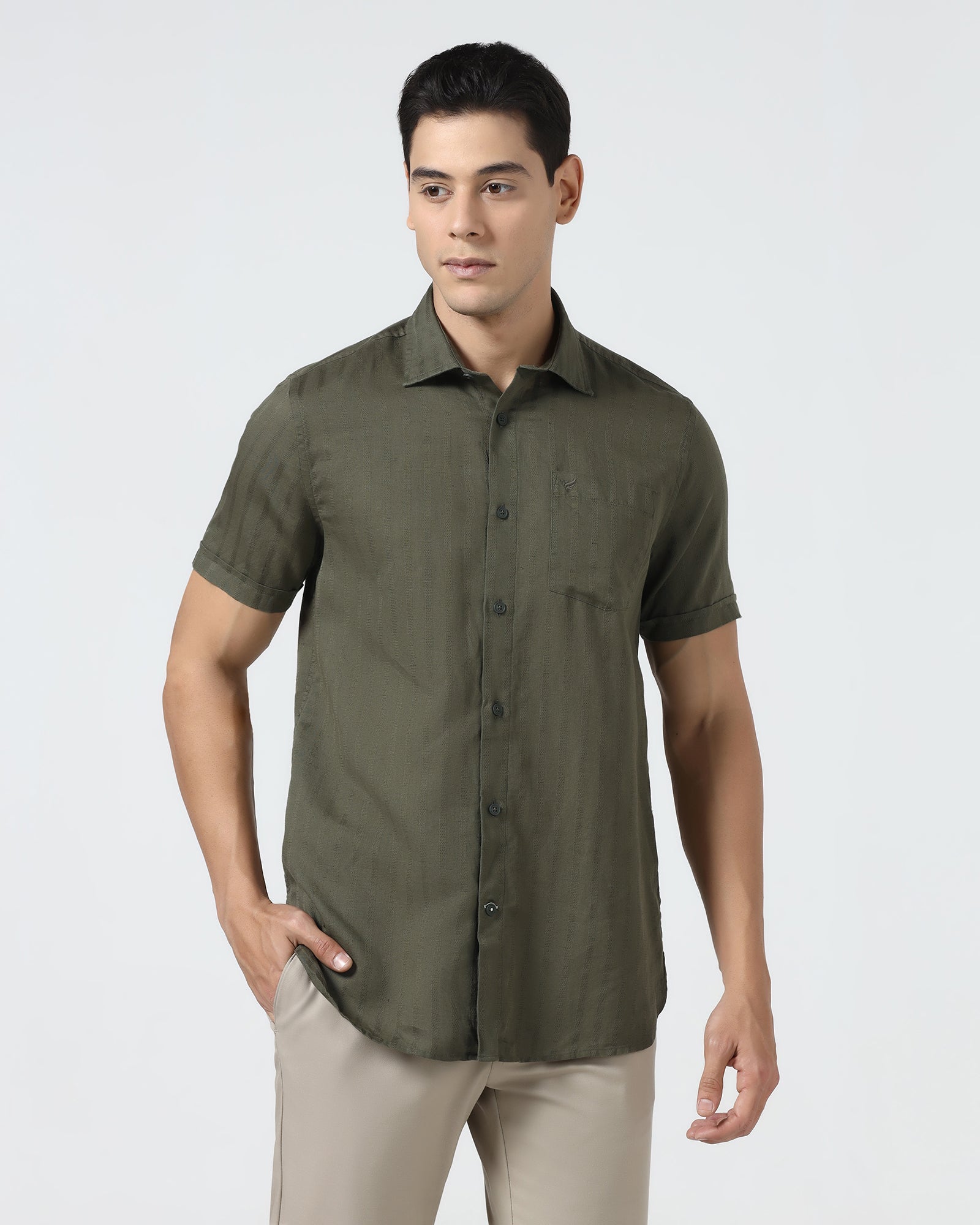 Olive Half Sleeve Linen Stripe Shirt - Sanhok