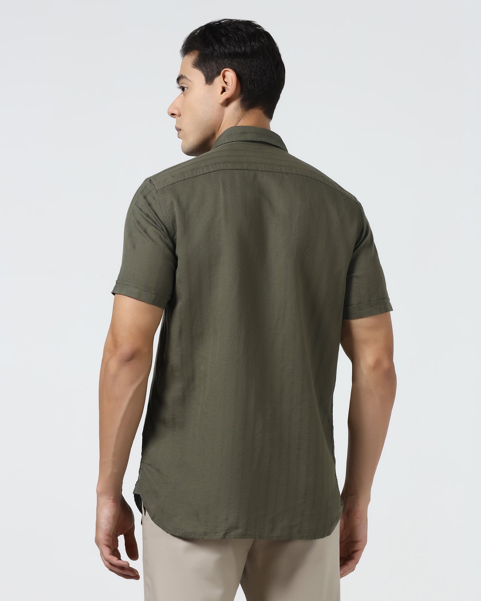 Olive Half Sleeve Linen Stripe Shirt - Sanhok