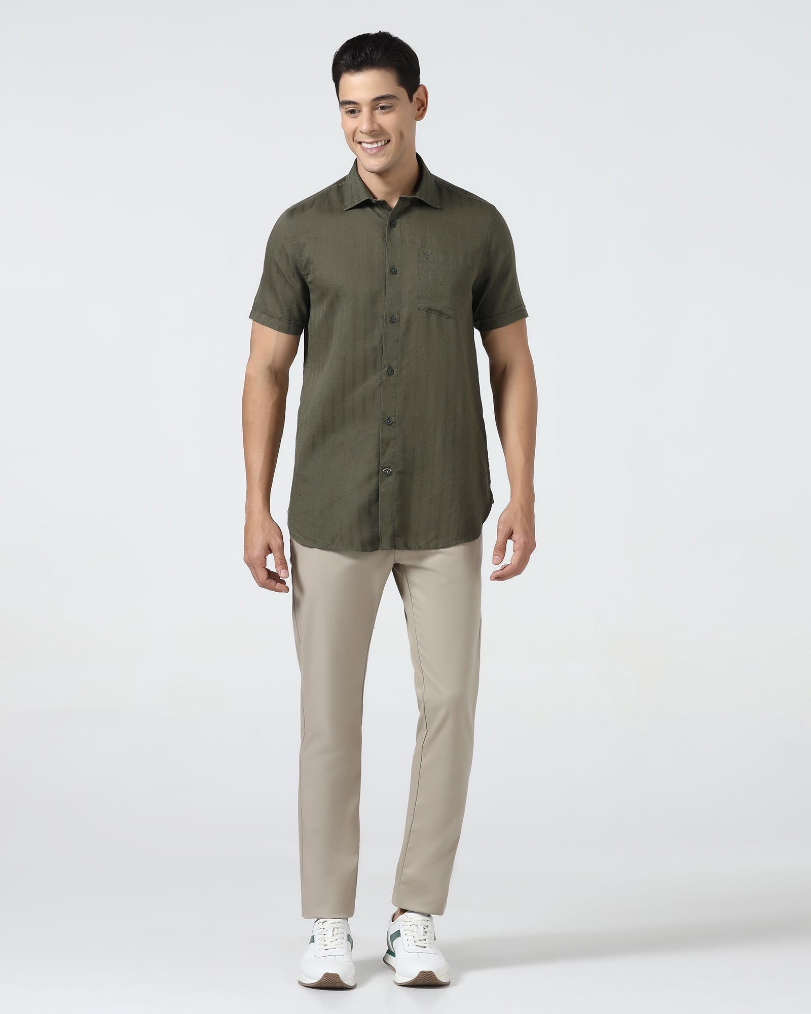 Olive Half Sleeve Linen Stripe Shirt - Sanhok