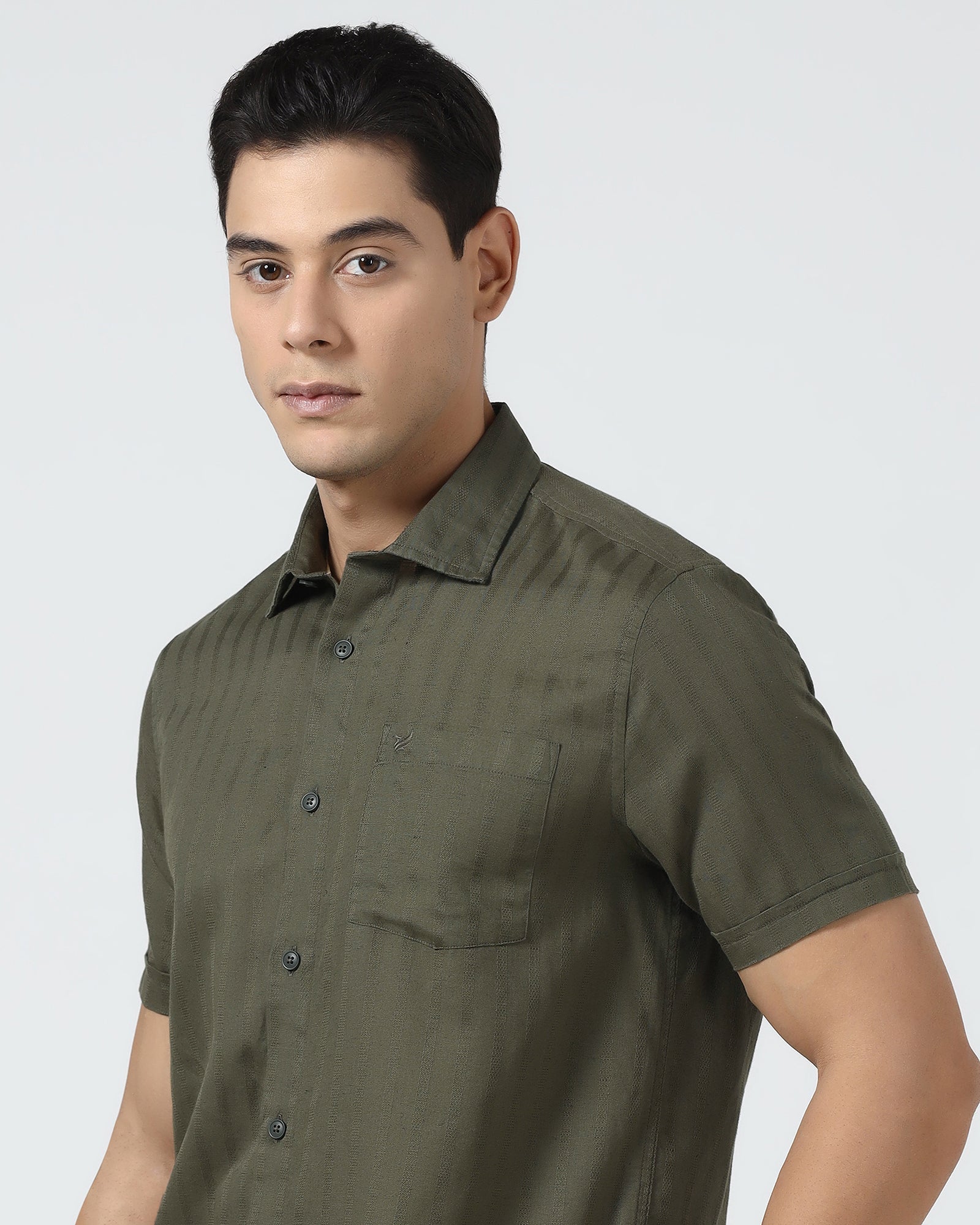 Olive Half Sleeve Linen Stripe Shirt - Sanhok
