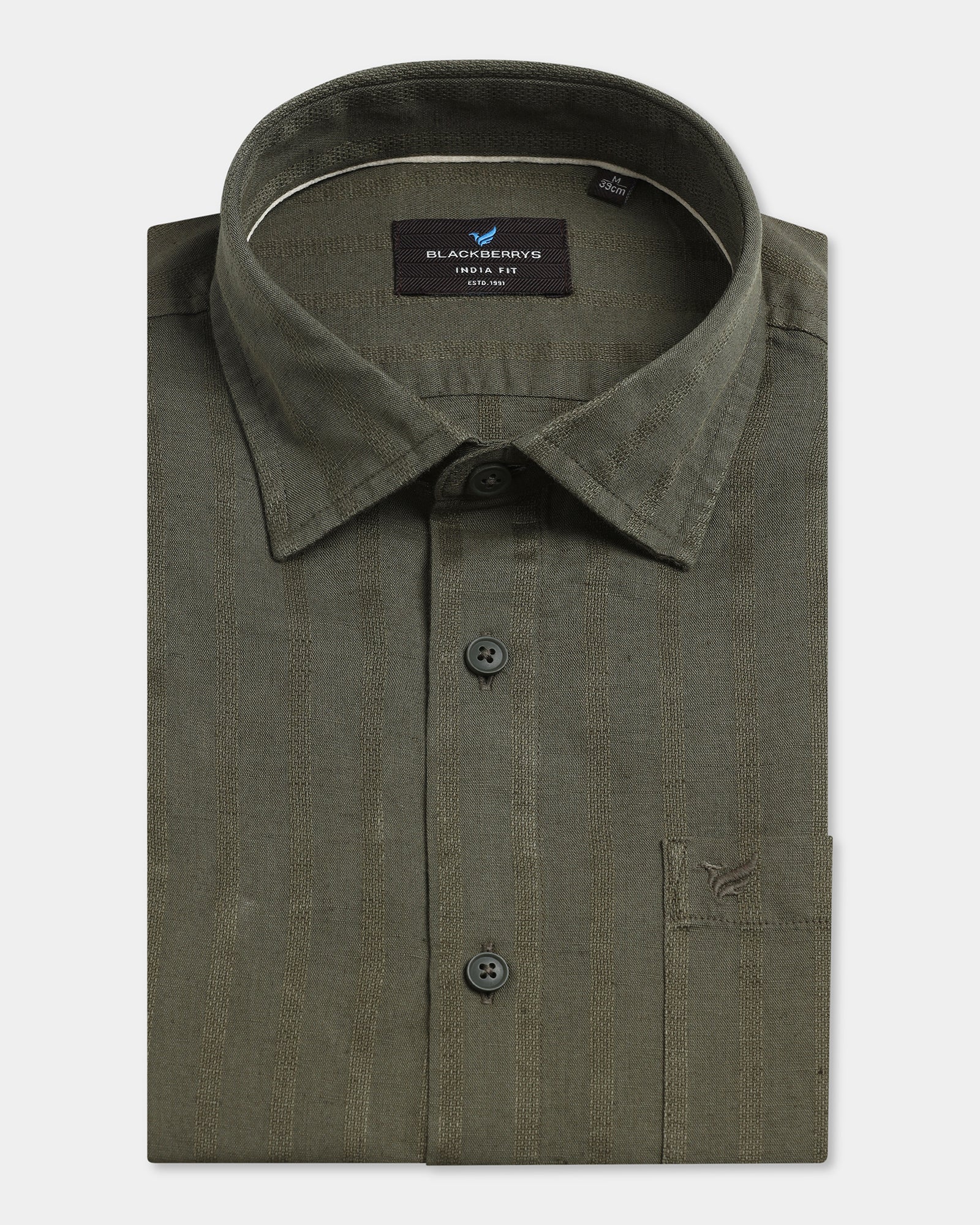 Olive Half Sleeve Linen Stripe Shirt - Sanhok