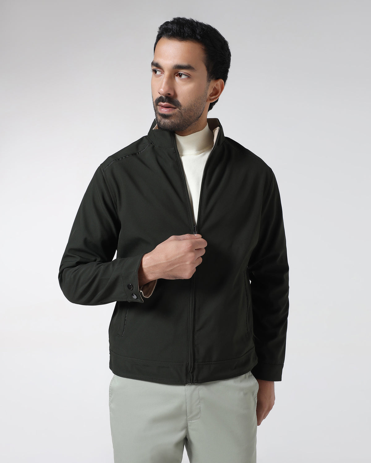 Olive Solid Zipper Jacket - Yulin