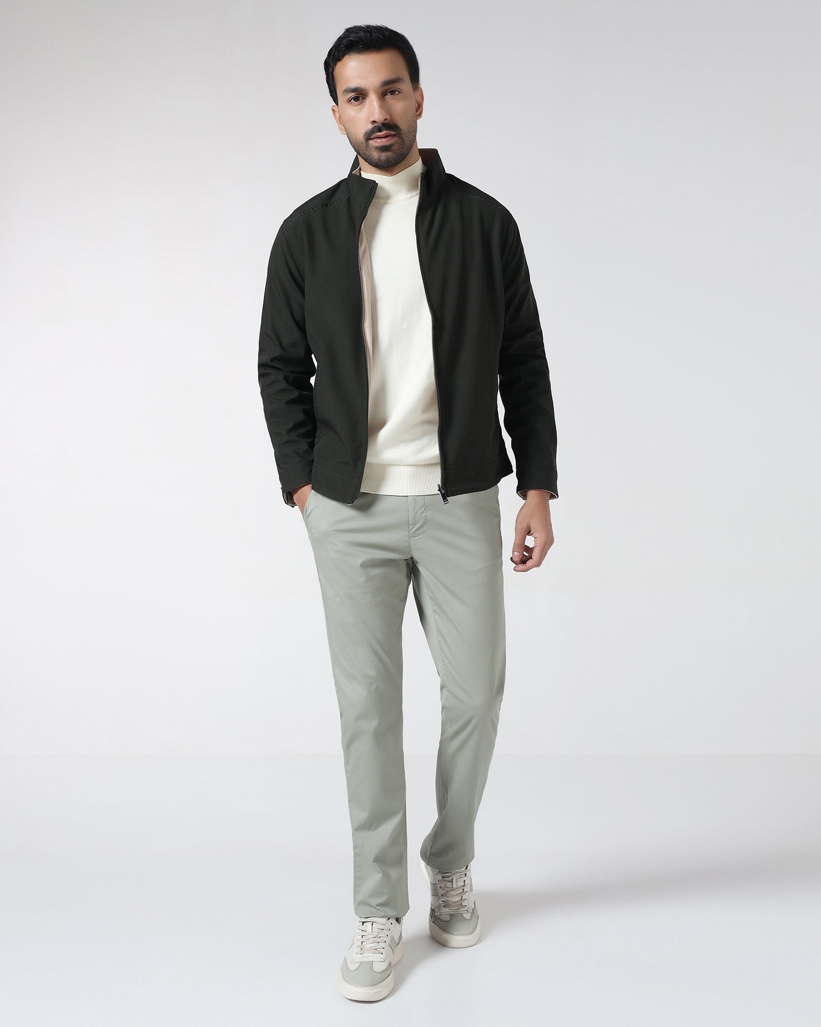 Olive Reversible Solid Zipper Jacket - Yulin