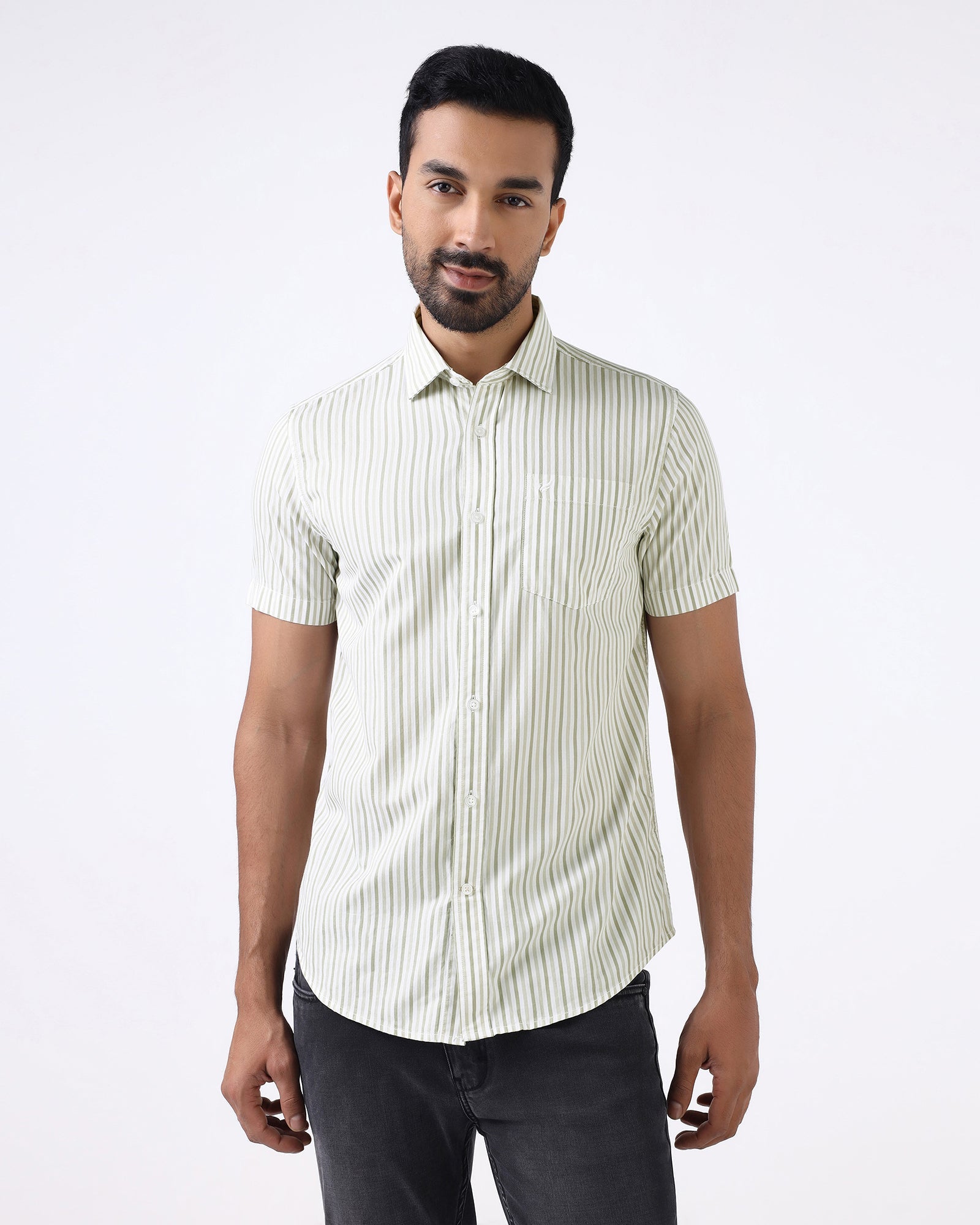 Olive Half Sleeve Stripe Shirt - Redot