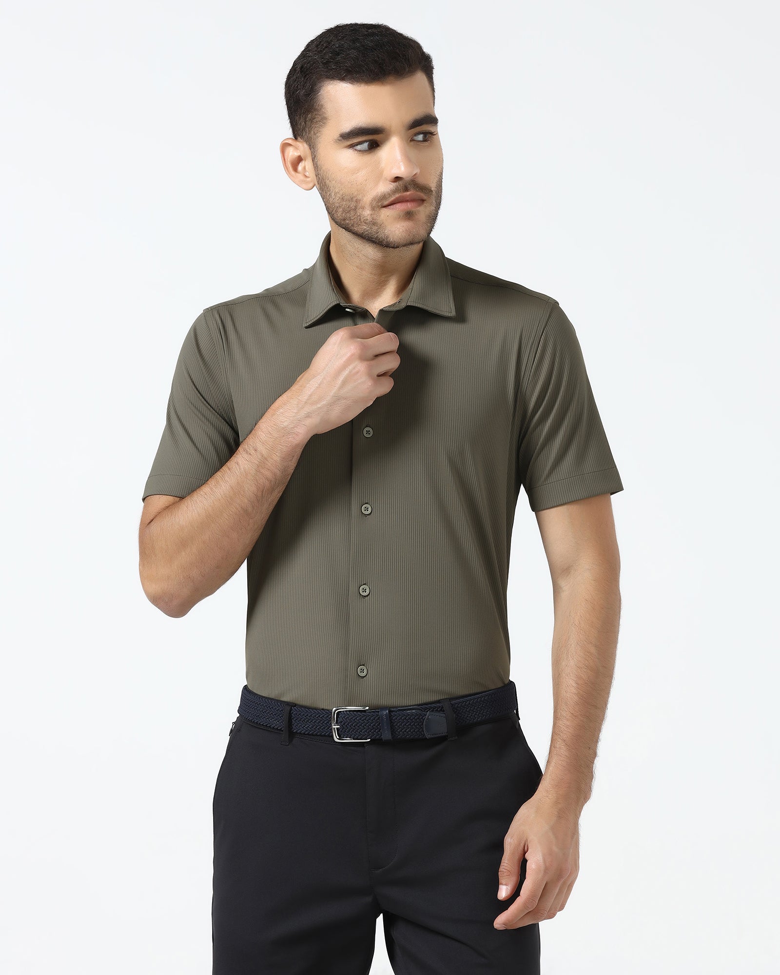 Olive Half Sleeve TechPro Stripe Shirt - Lunar