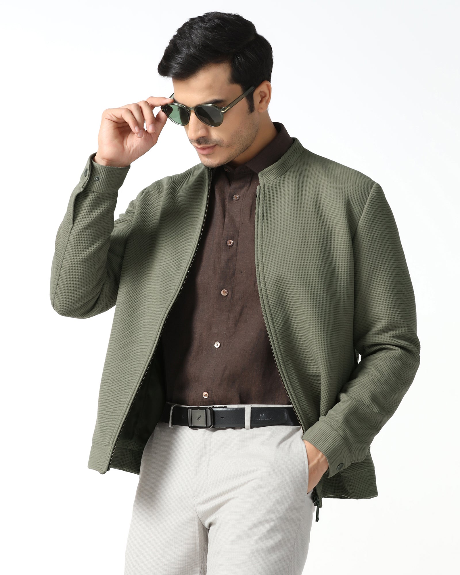 Olive Textured Zipper Jacket - Maxwel