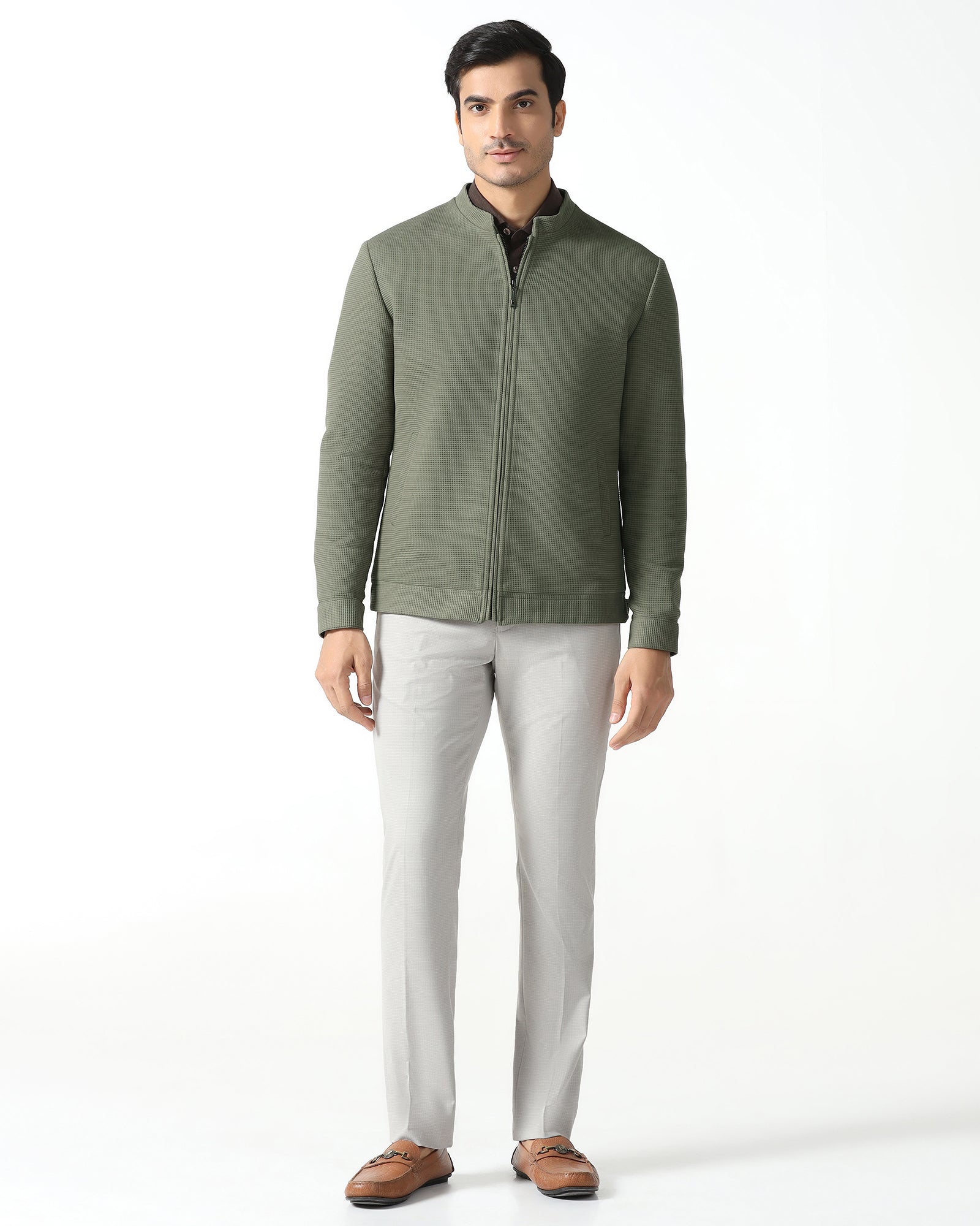 Olive Textured Zipper Jacket - Maxwel