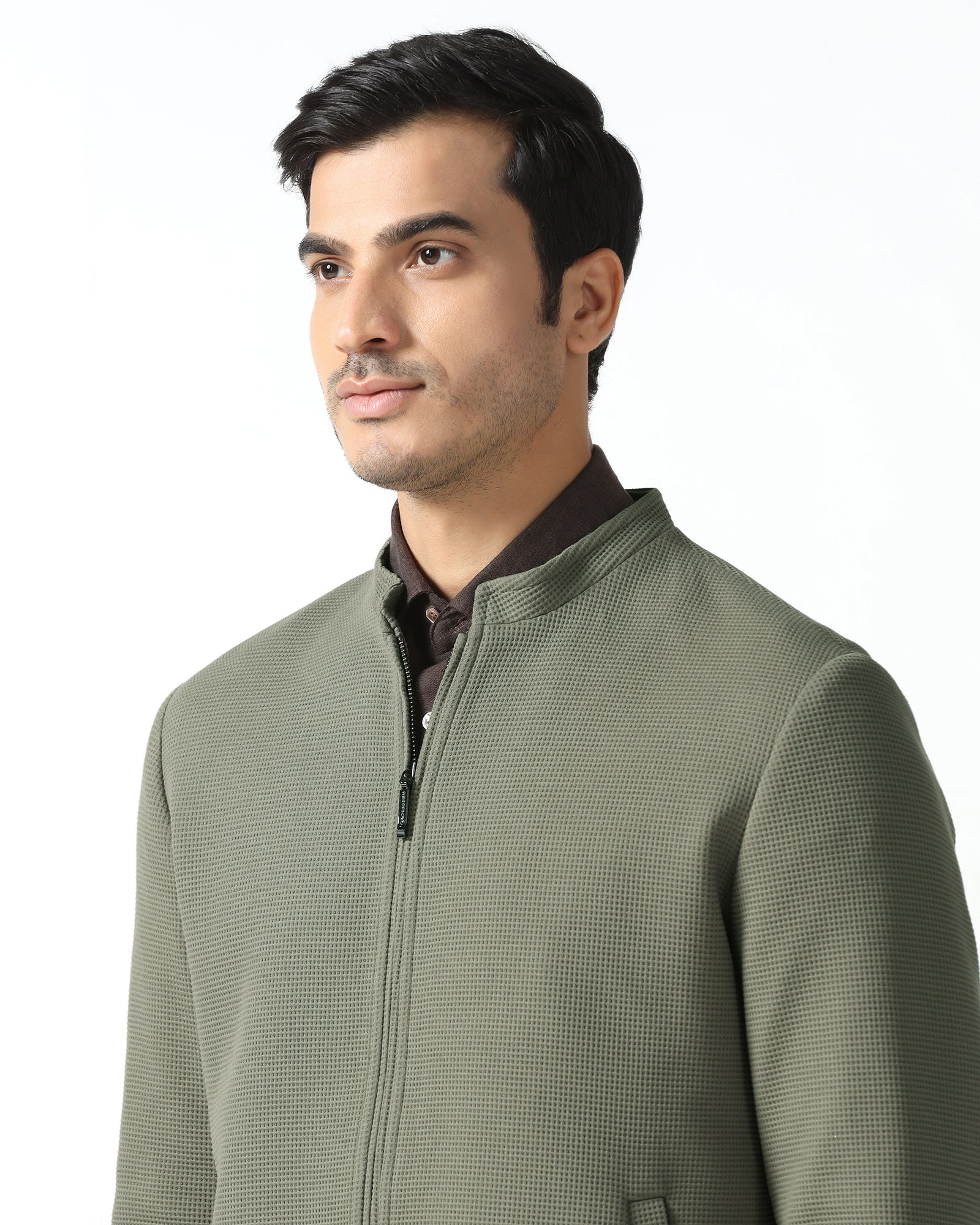 Olive Textured Zipper Jacket - Maxwel