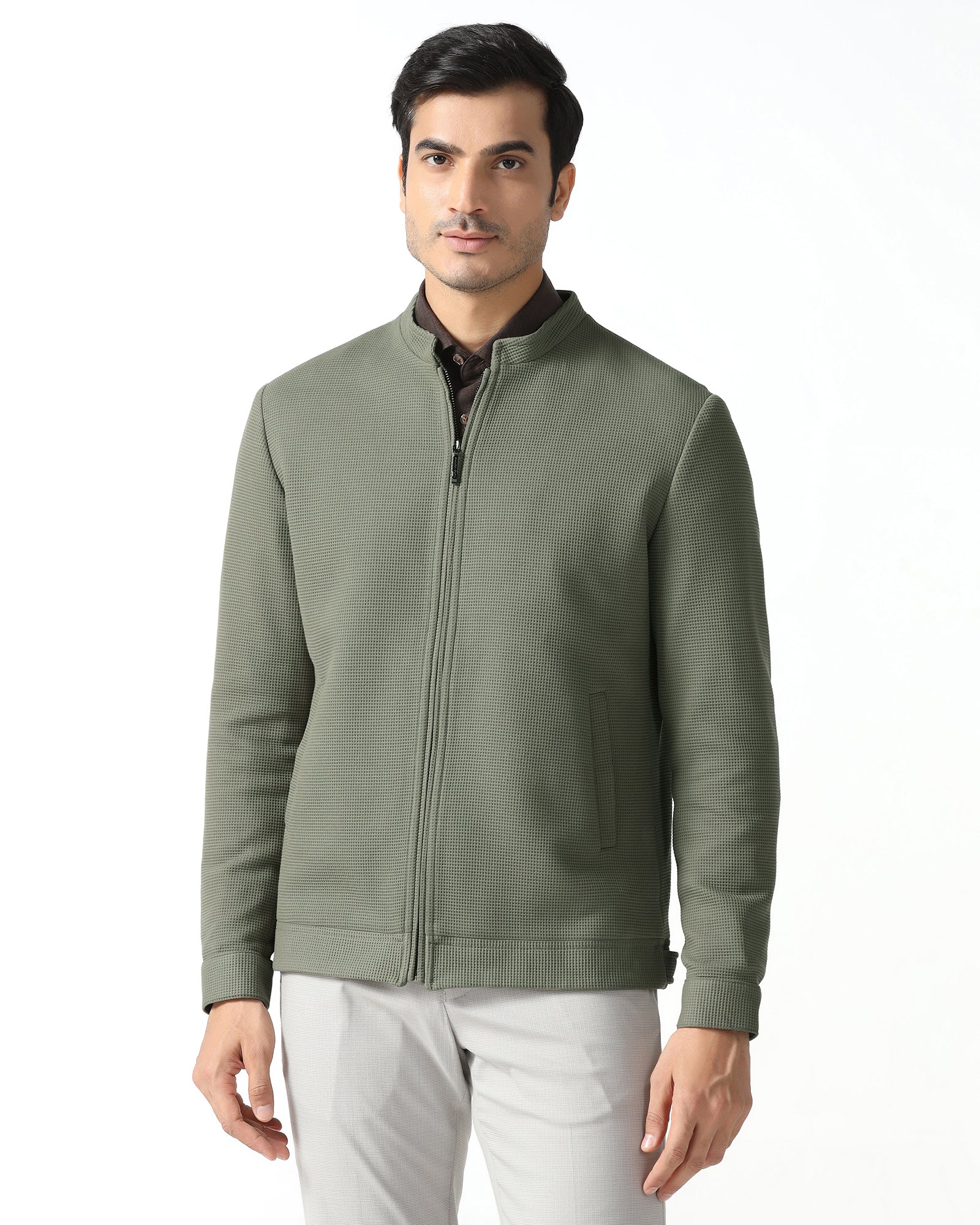 Olive Textured Zipper Jacket - Maxwel