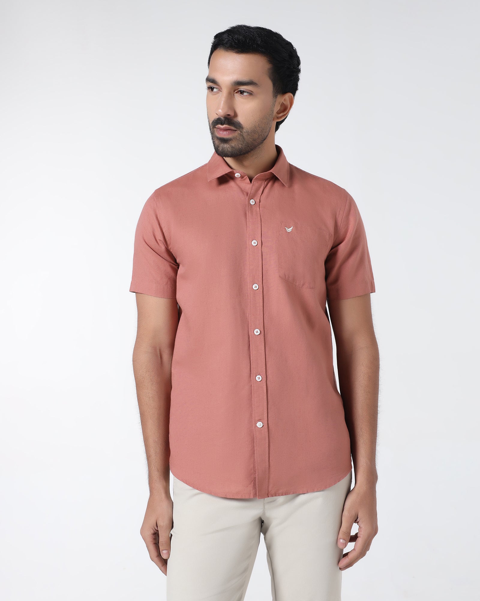 Peach Half Sleeve Linen Solid Shirt - Cleo