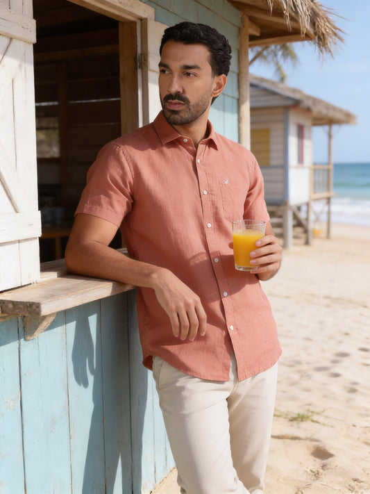 Peach Half Sleeve Linen Solid Shirt - Cleo