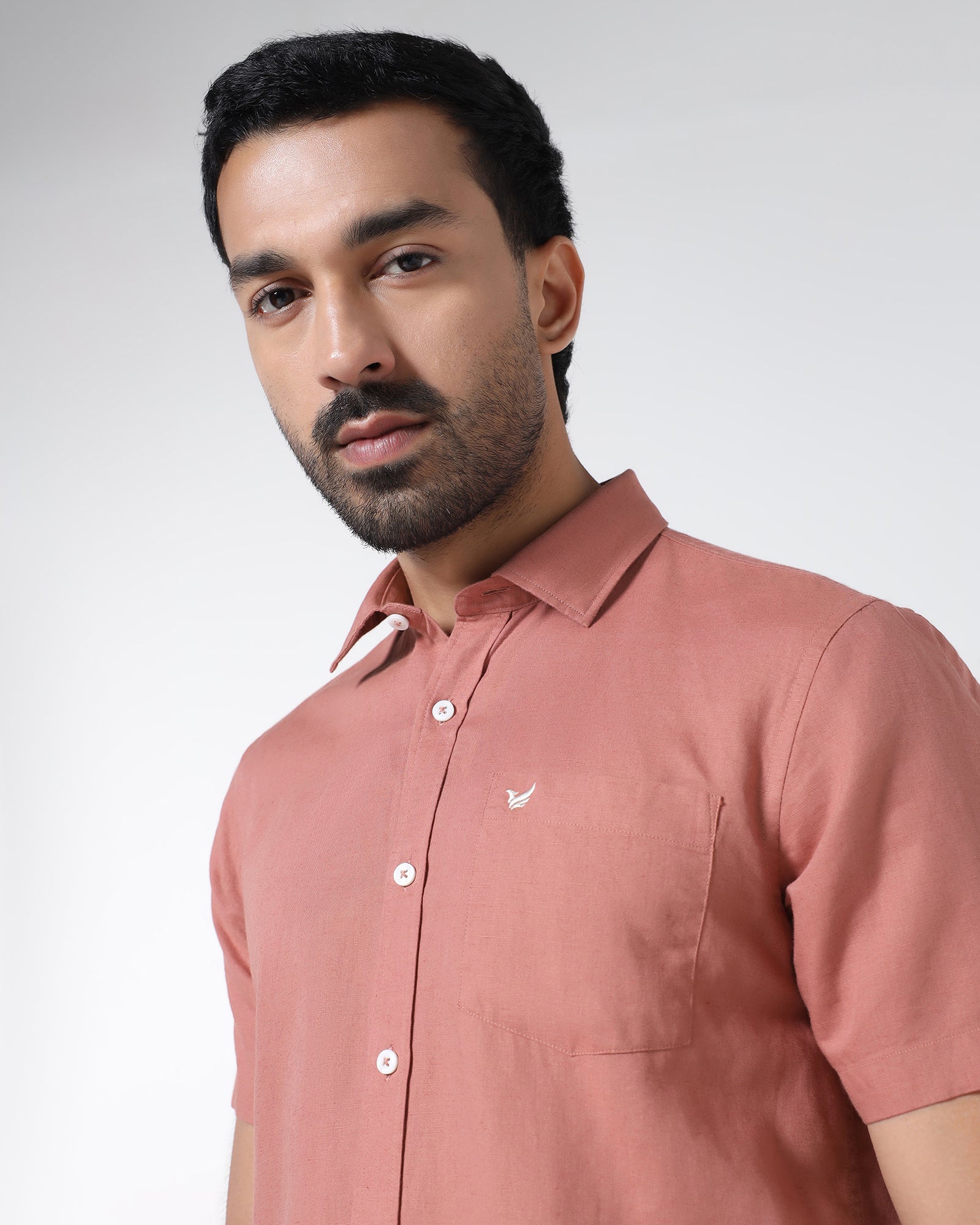 Peach Half Sleeve Linen Solid Shirt - Cleo